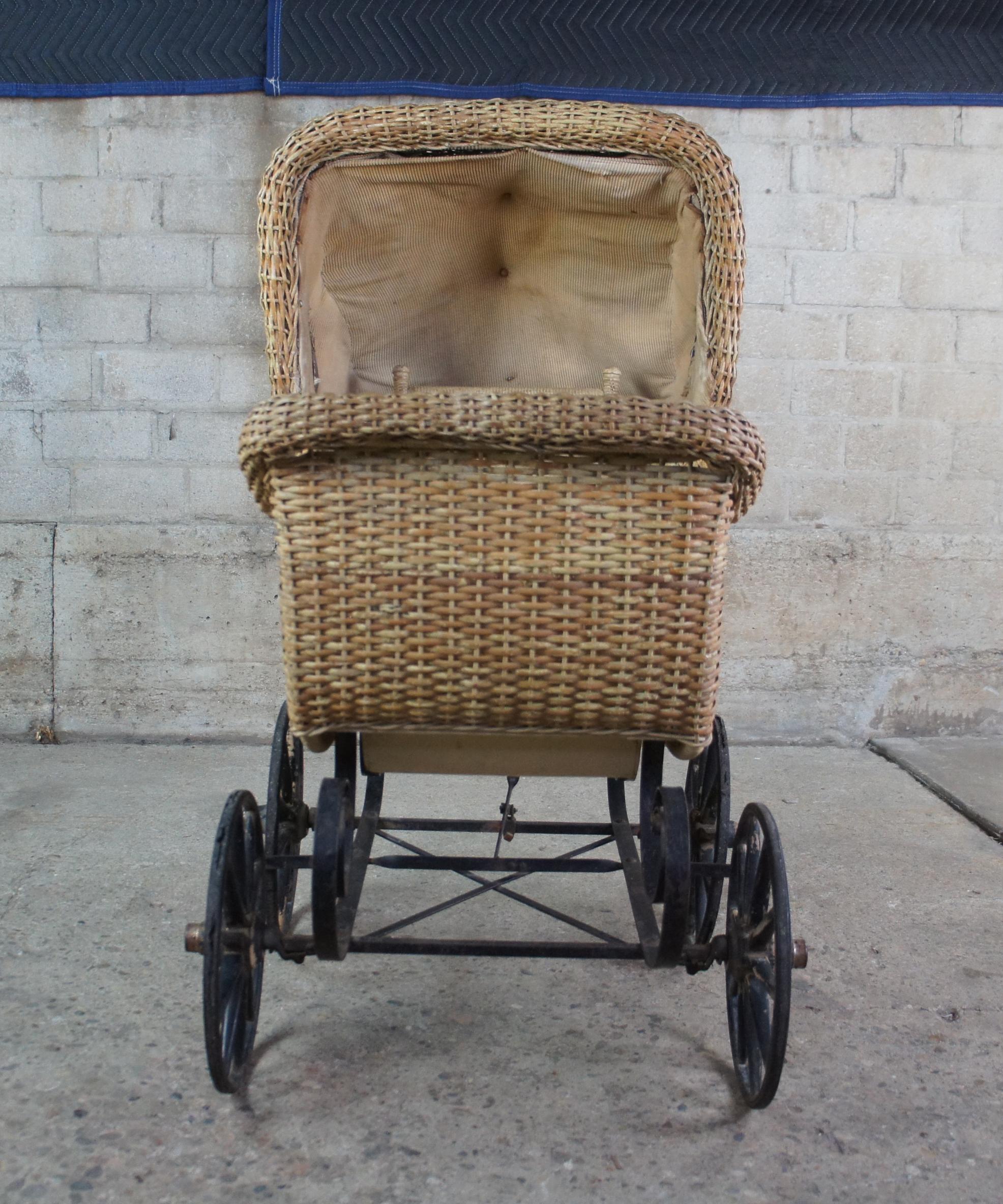 19th Century Antique Victorian Wicker Baby Stroller Carriage Buggy Pram w Hidden Compartment