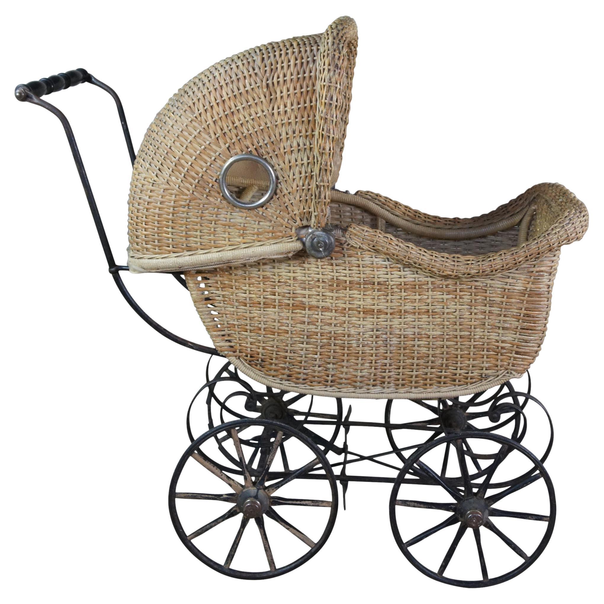 Antique Victorian Wicker Baby Stroller Carriage Buggy Pram w Hidden Compartment