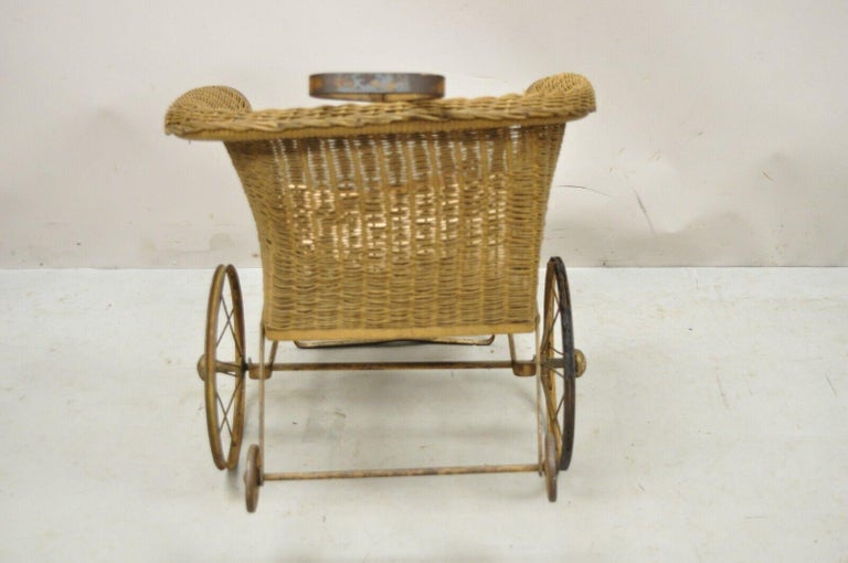 Antique Victorian Wicker and Metal Baby Carriage Pull Behind