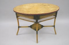Antique Victorian Wicker Oval Sofa Hall Table Foyer Painted Green Red Yellow