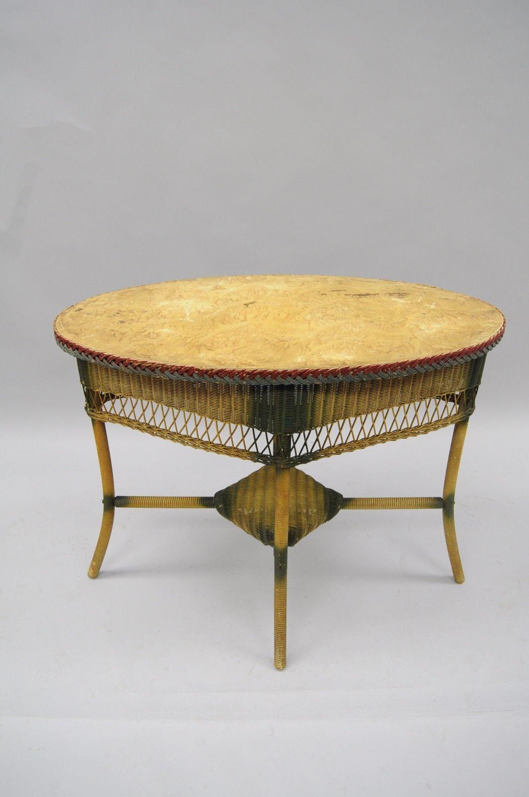 Antique Victorian Wicker Oval Sofa Hall Table Foyer Painted Green