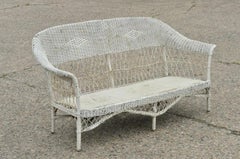 Antique Victorian Wicker Rattan White Painted Sunroom Patio Furniture Sofa