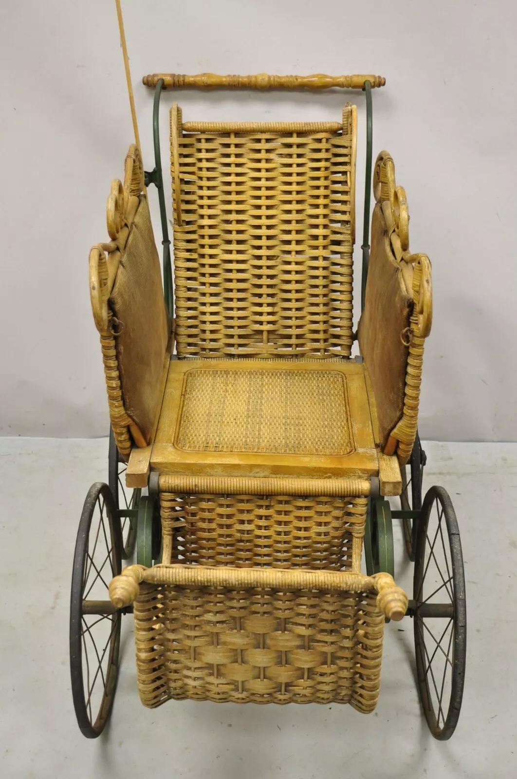Antique Victorian Wicker Vintage Baby Buggy Stroller Carriage Full Size For Sale 5