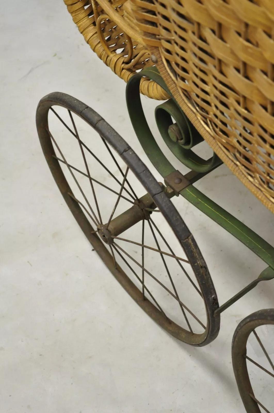 Antique Victorian Wicker Vintage Baby Buggy Stroller Carriage Full Size For Sale 6