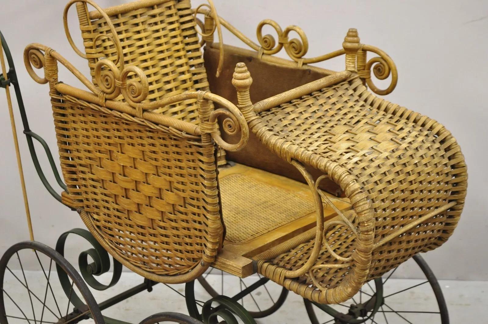 Unknown Antique Victorian Wicker Vintage Baby Buggy Stroller Carriage Full Size For Sale