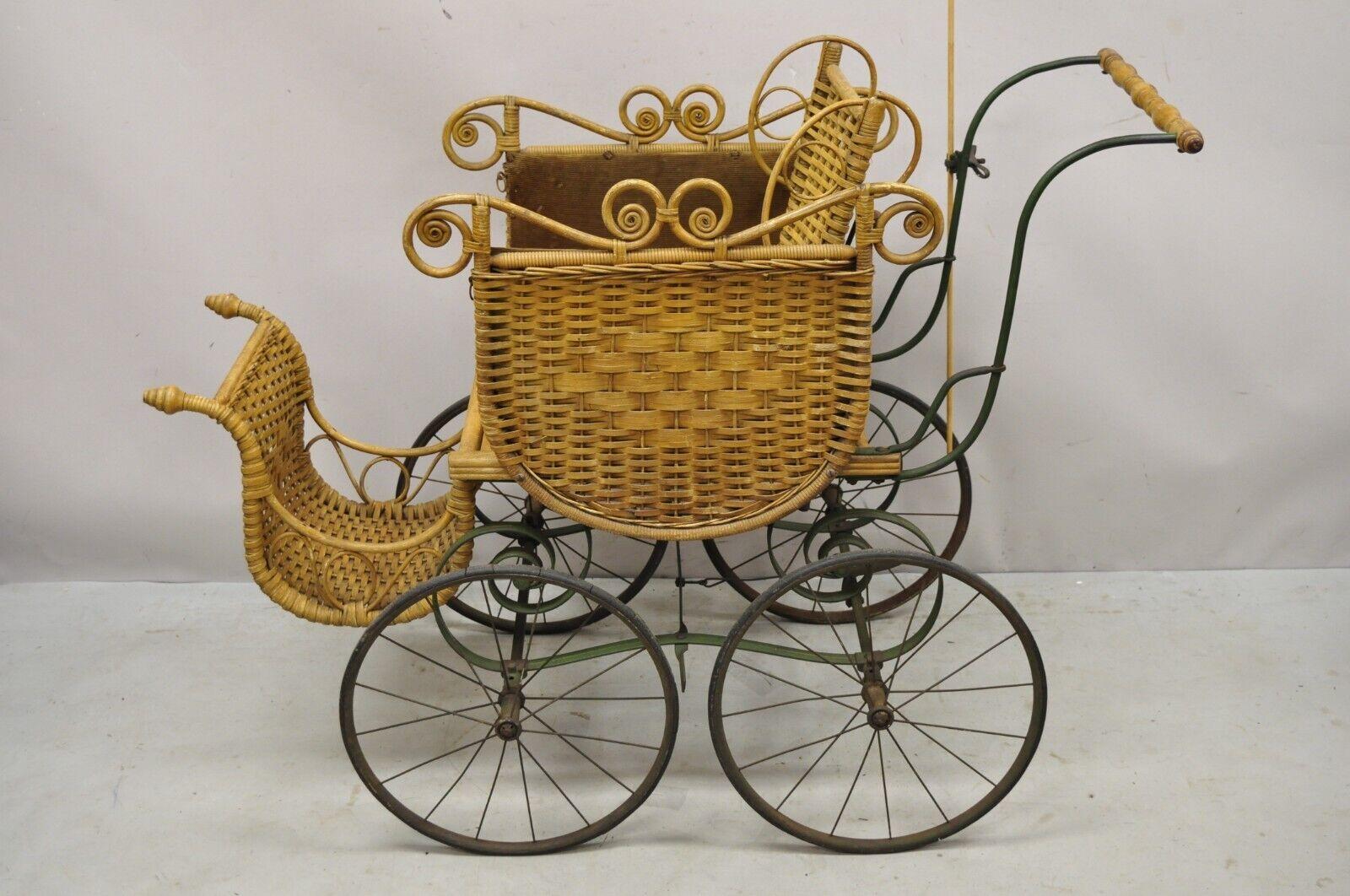 19th Century Antique Victorian Wicker Vintage Baby Buggy Stroller Carriage Full Size For Sale