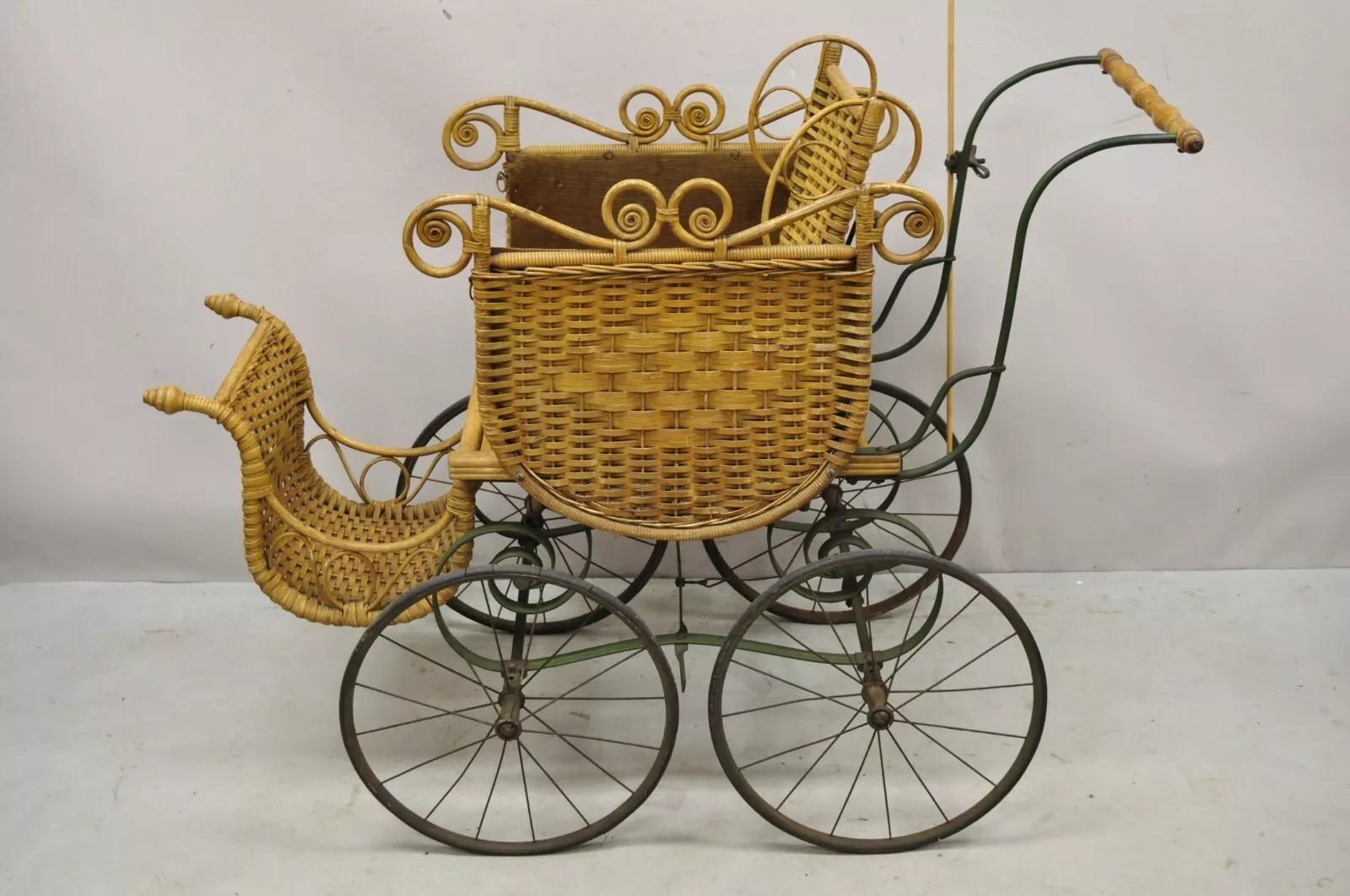 Antique Victorian Wicker Vintage Baby Buggy Stroller Carriage Full Size For Sale 1