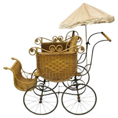 Ancienne chariot de baby Buggy Stroller victorien en osier, grande taille