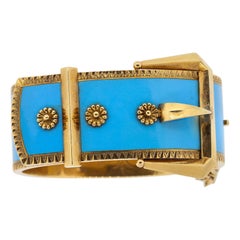 Antique Victorian Wide 14 Karat Yellow Gold Blue Enamel Buckle Bangle Bracelet