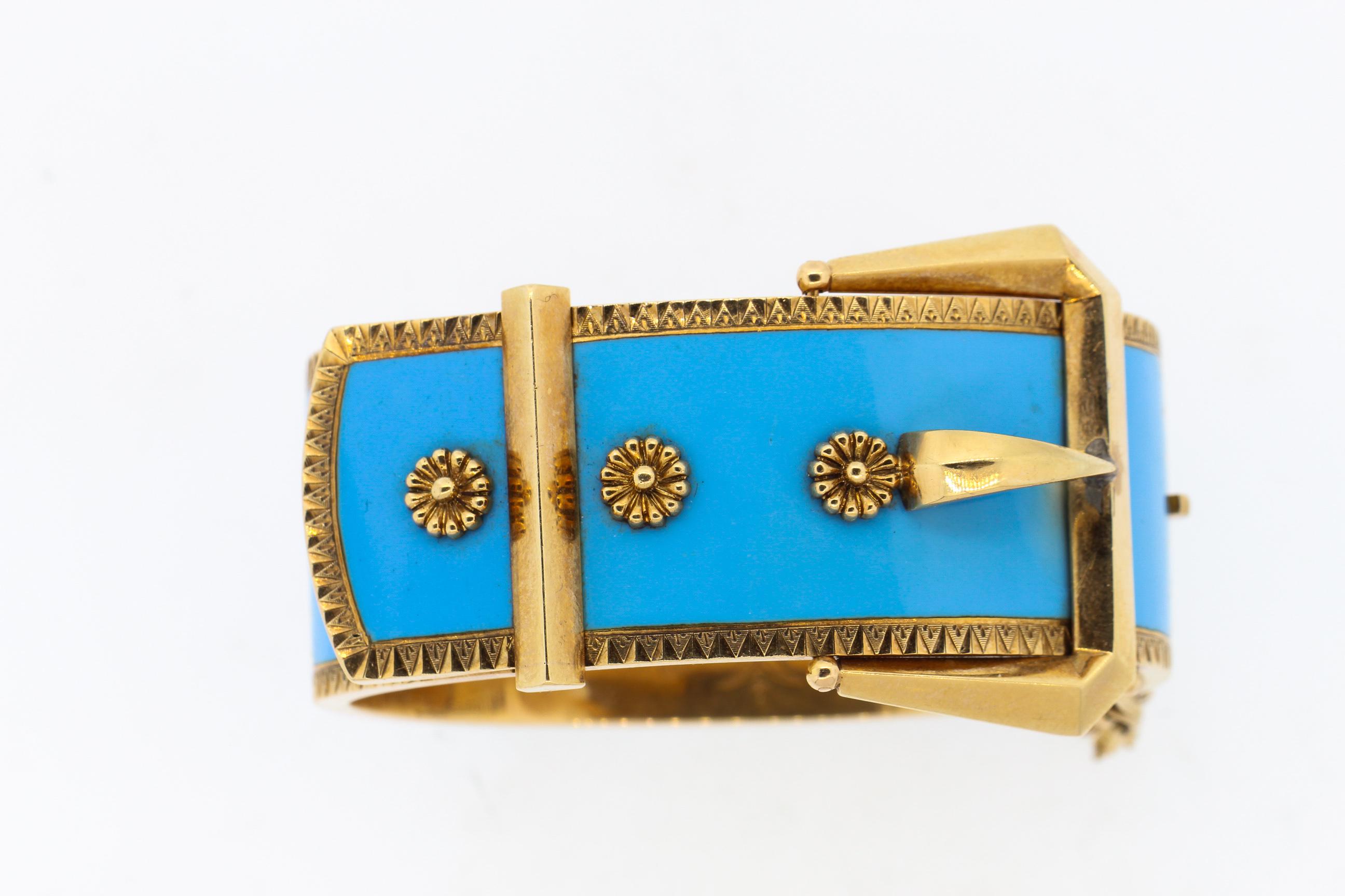 Antique Victorian Wide 14 Karat Yellow Gold Blue Enamel Buckle Bangle Bracelet 5