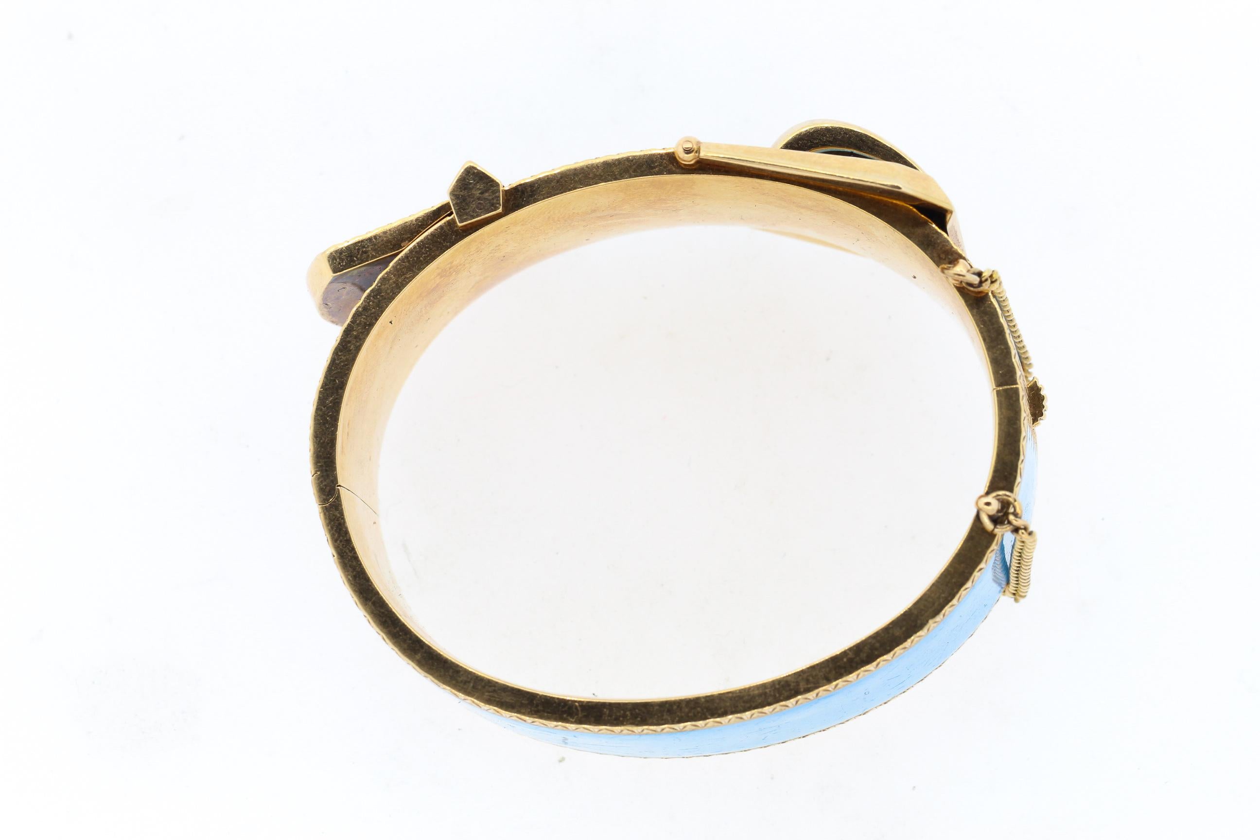High Victorian Antique Victorian Wide 14 Karat Yellow Gold Blue Enamel Buckle Bangle Bracelet
