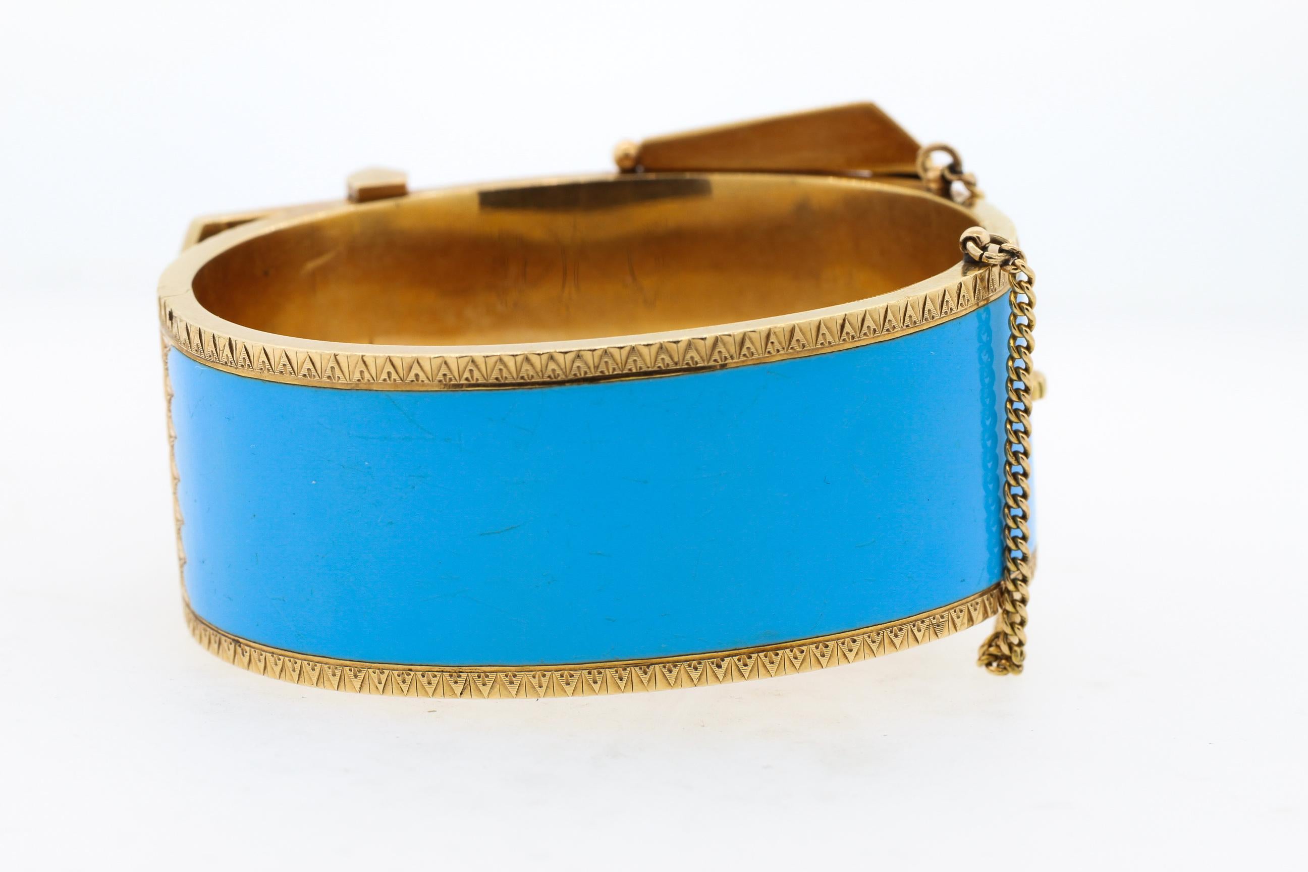Antique Victorian Wide 14 Karat Yellow Gold Blue Enamel Buckle Bangle Bracelet In Good Condition In New York, NY