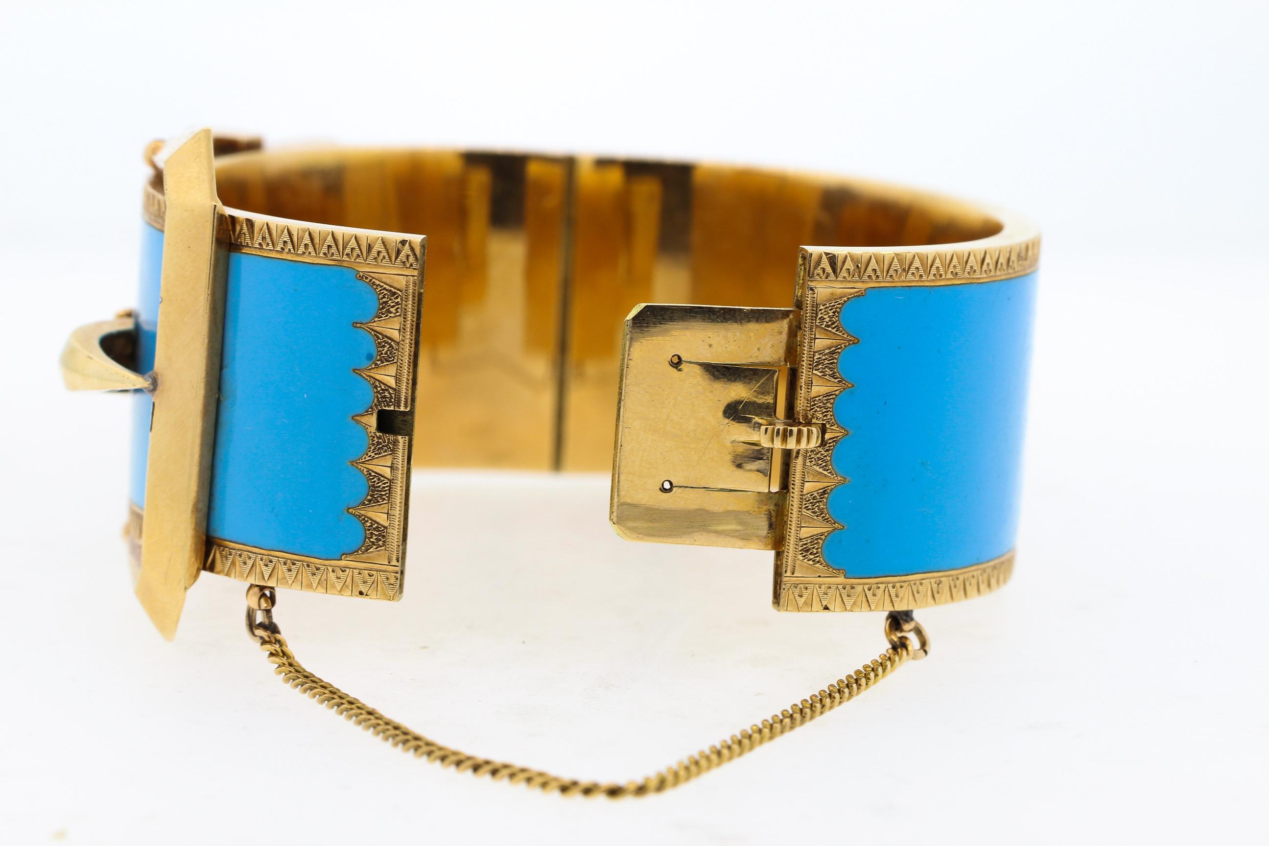Women's or Men's Antique Victorian Wide 14 Karat Yellow Gold Blue Enamel Buckle Bangle Bracelet