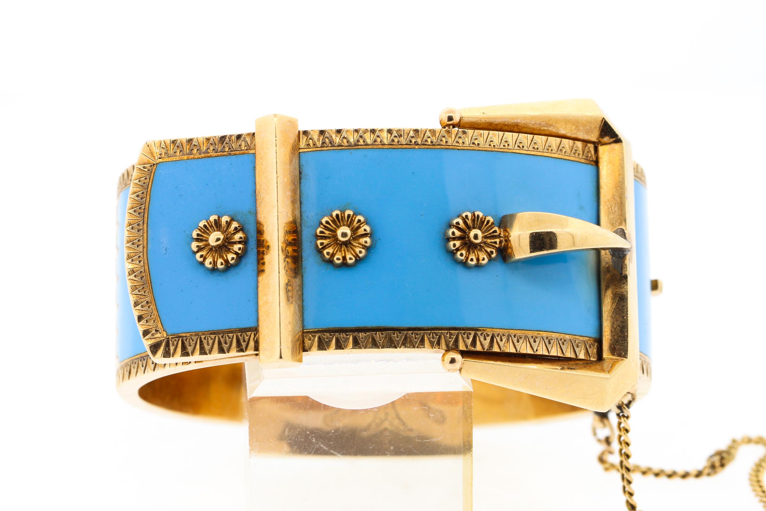Antique Victorian Wide 14 Karat Yellow Gold Blue Enamel Buckle Bangle Bracelet 1