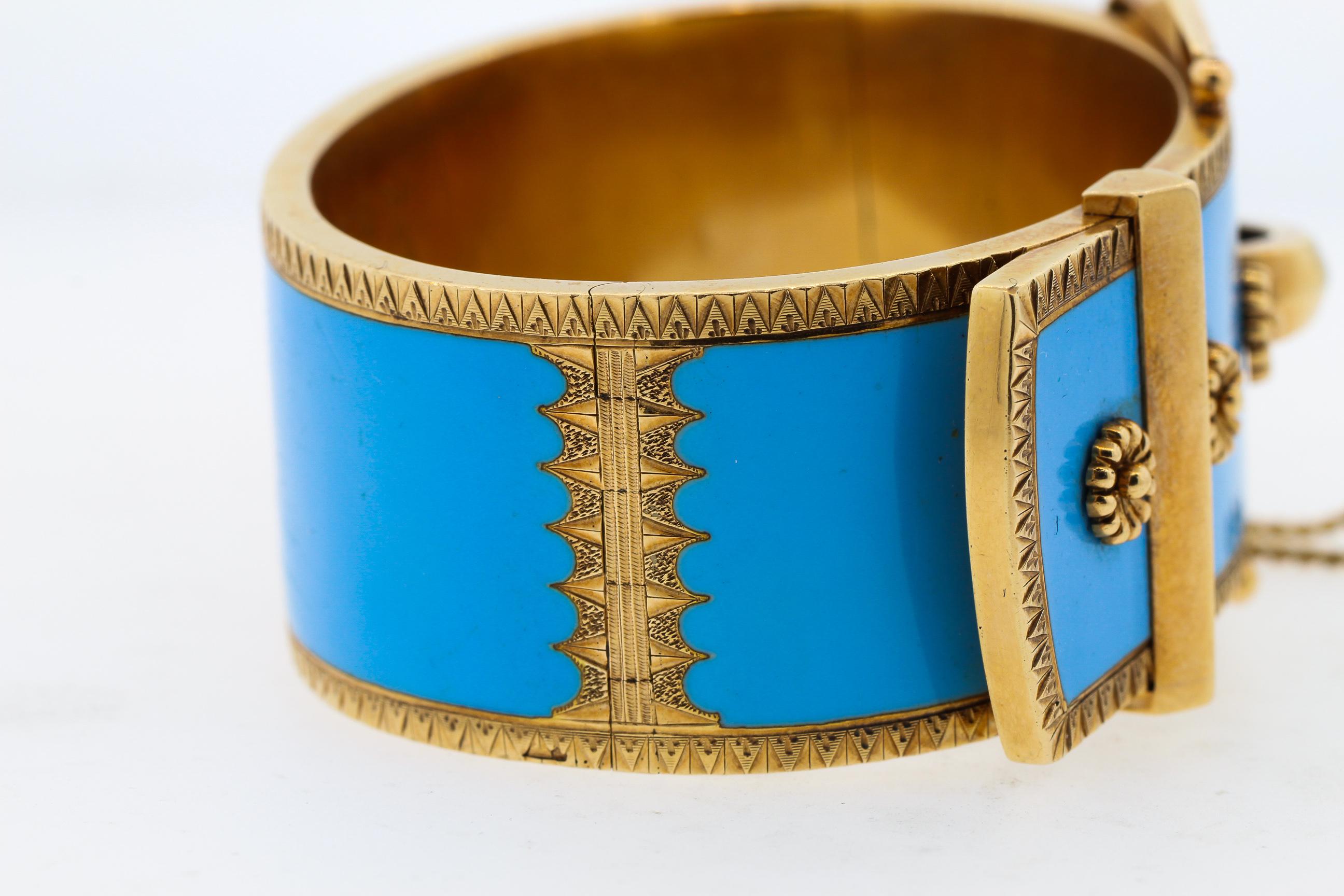 Antique Victorian Wide 14 Karat Yellow Gold Blue Enamel Buckle Bangle Bracelet 2