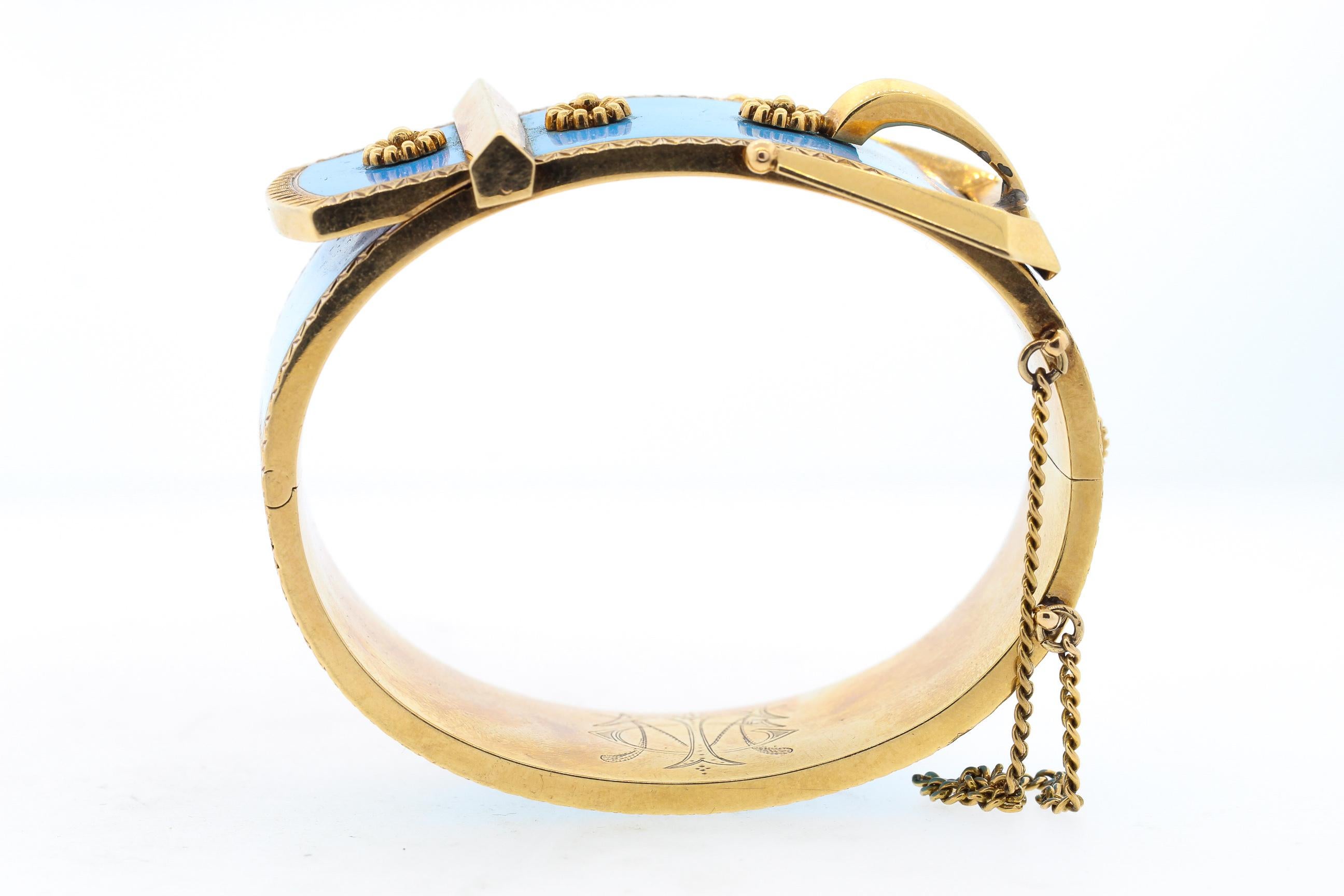 Antique Victorian Wide 14 Karat Yellow Gold Blue Enamel Buckle Bangle Bracelet 4