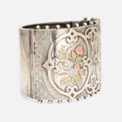 Antique Victorian Wide Cuff Silver Bangle with Gold Inlay