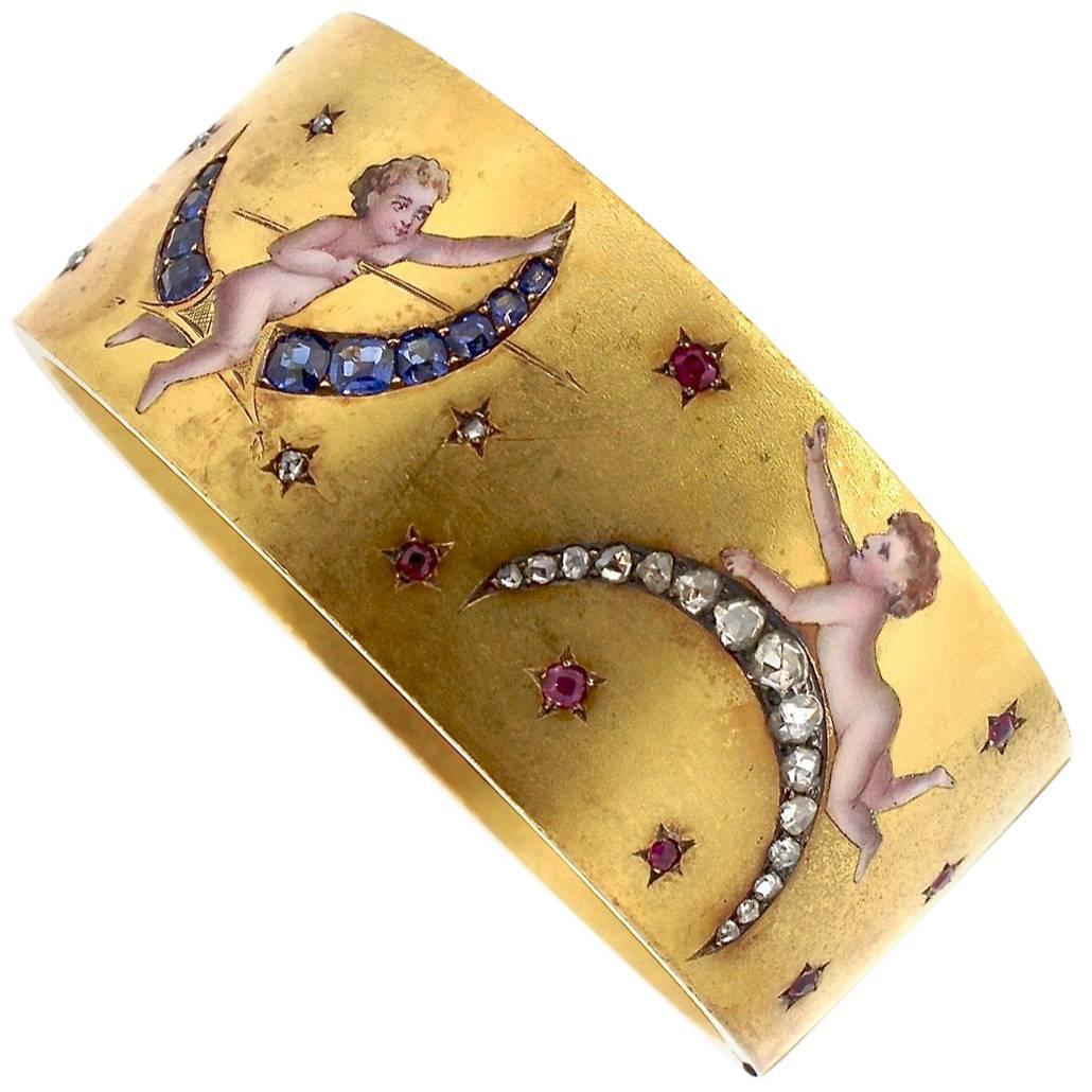 Antique Victorian Wide Sapphire Ruby Diamond Enamel Cherub Bangle Bracelet