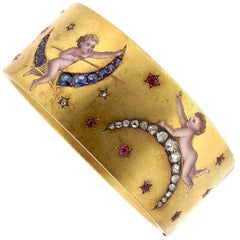 Antique Victorian Wide Sapphire Ruby Diamond Enamel Cherub Bangle Bracelet