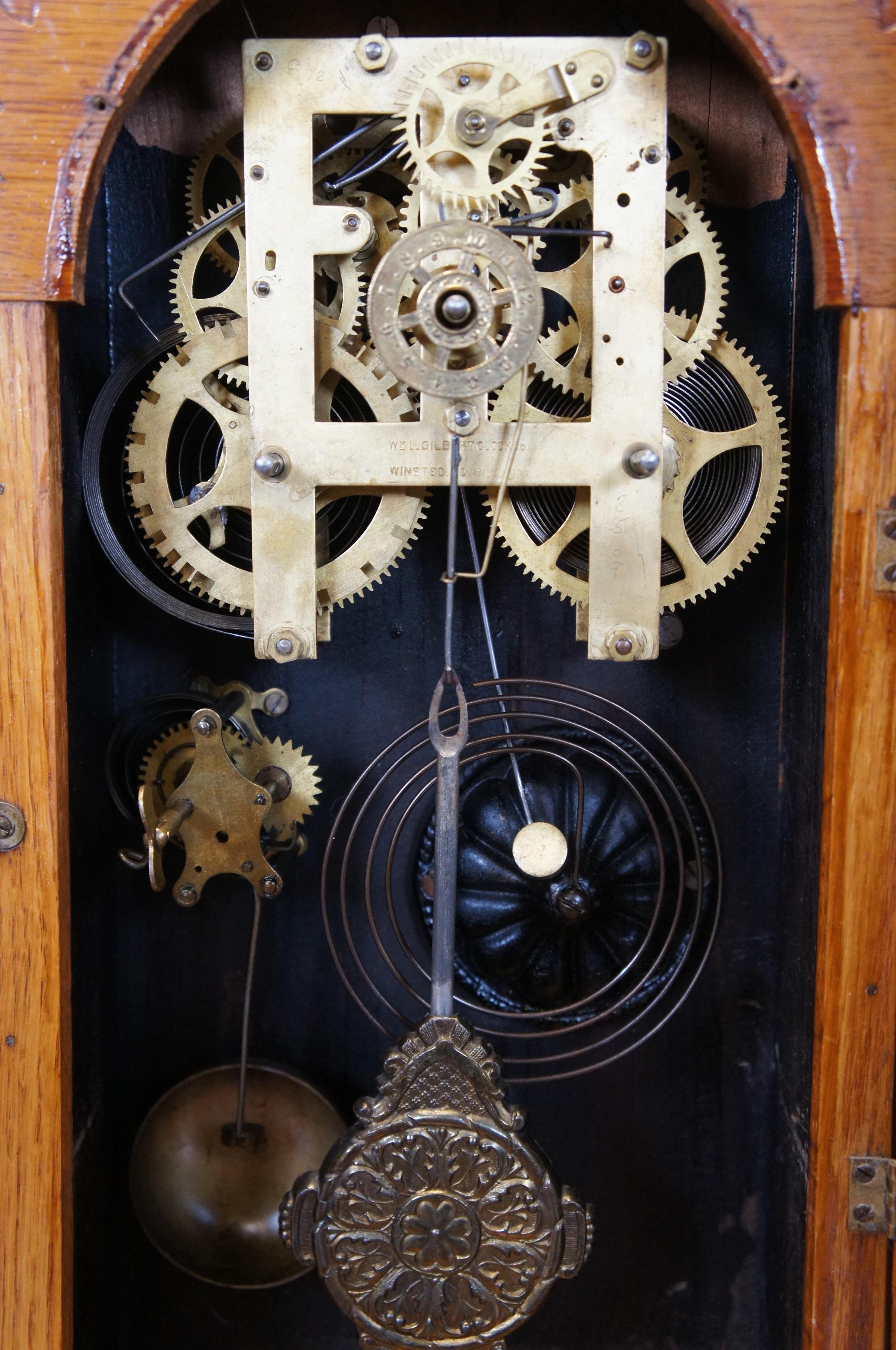Antique Victorian William Gilbert Oak Gingerbread Uranium Parlor Mantel Clock 24 6