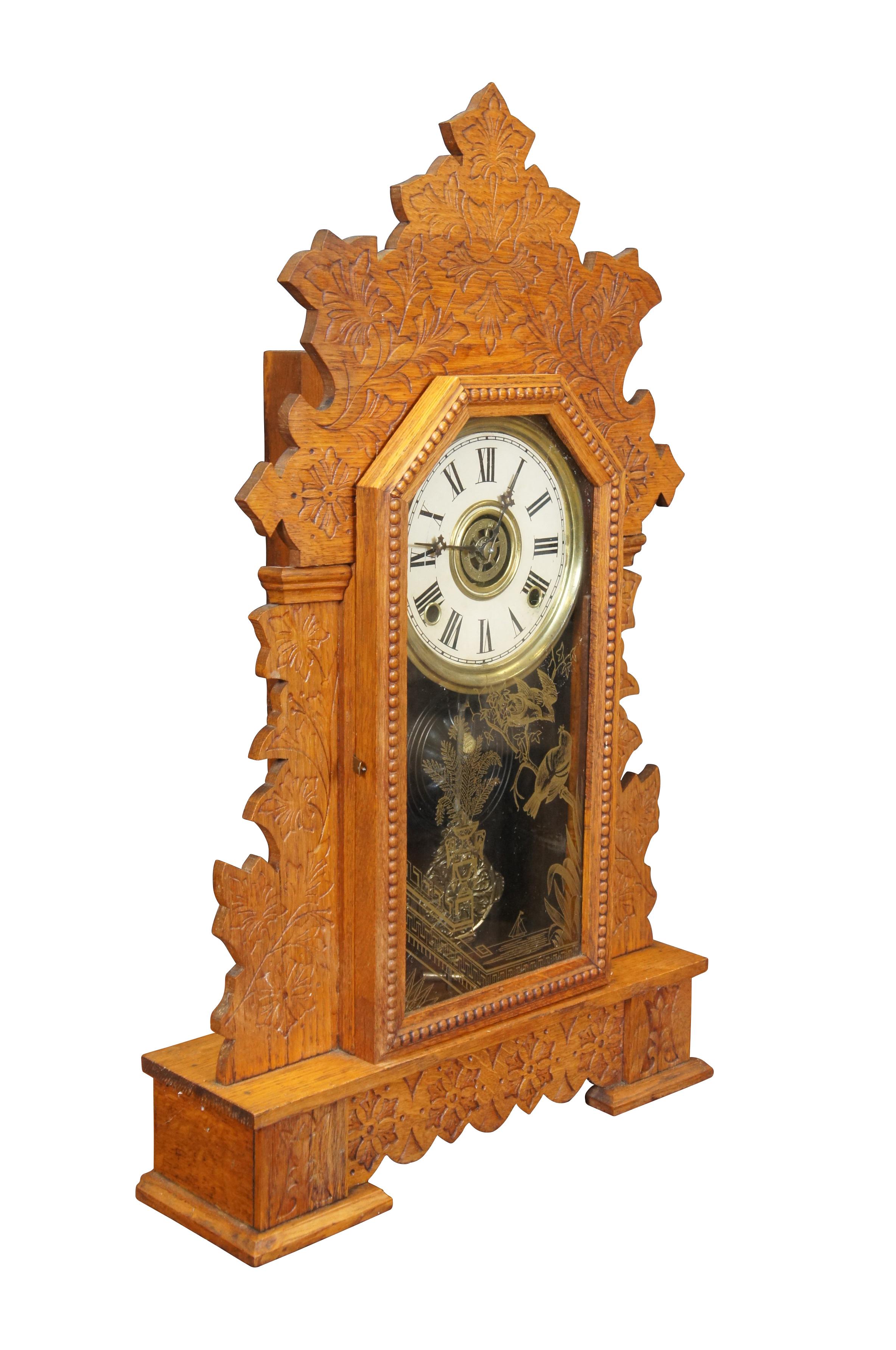 Antique Victorian William Gilbert Oak Gingerbread Uranium Parlor Mantel Clock 24 In Good Condition In Dayton, OH