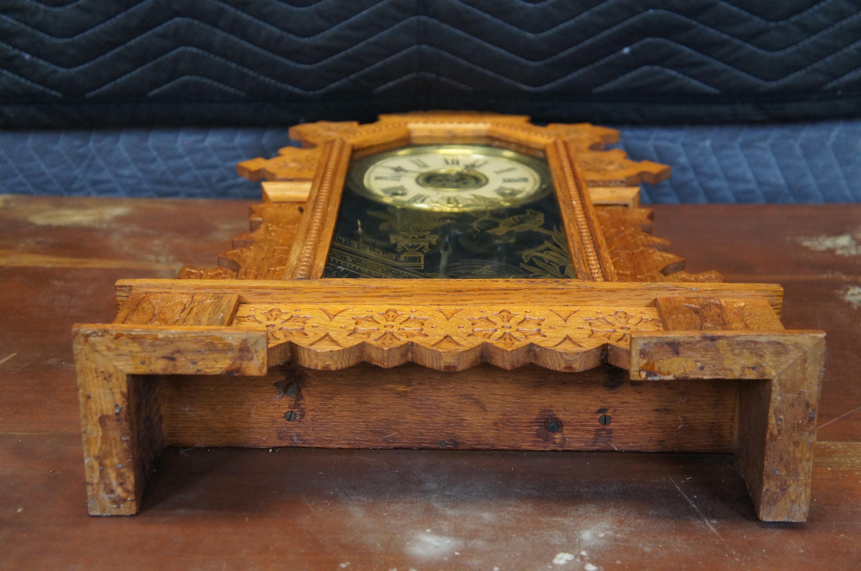 Antique Victorian William Gilbert Oak Gingerbread Uranium Parlor Mantel Clock 24 3