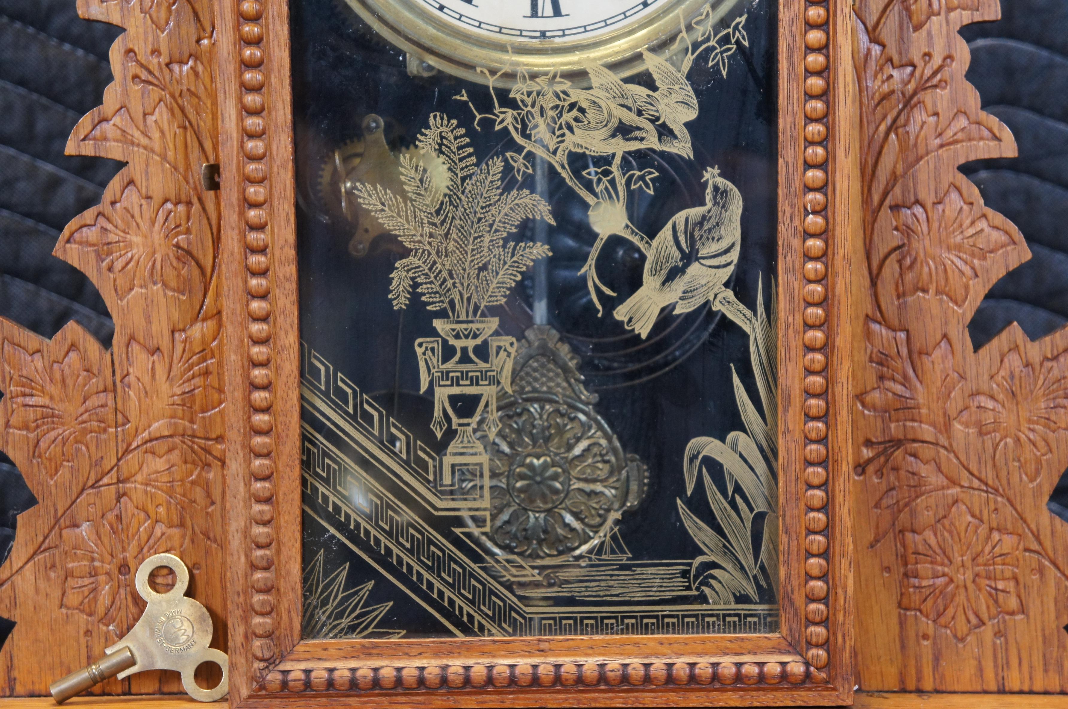 Antique Victorian William Gilbert Oak Gingerbread Uranium Parlor Mantel Clock 24 4
