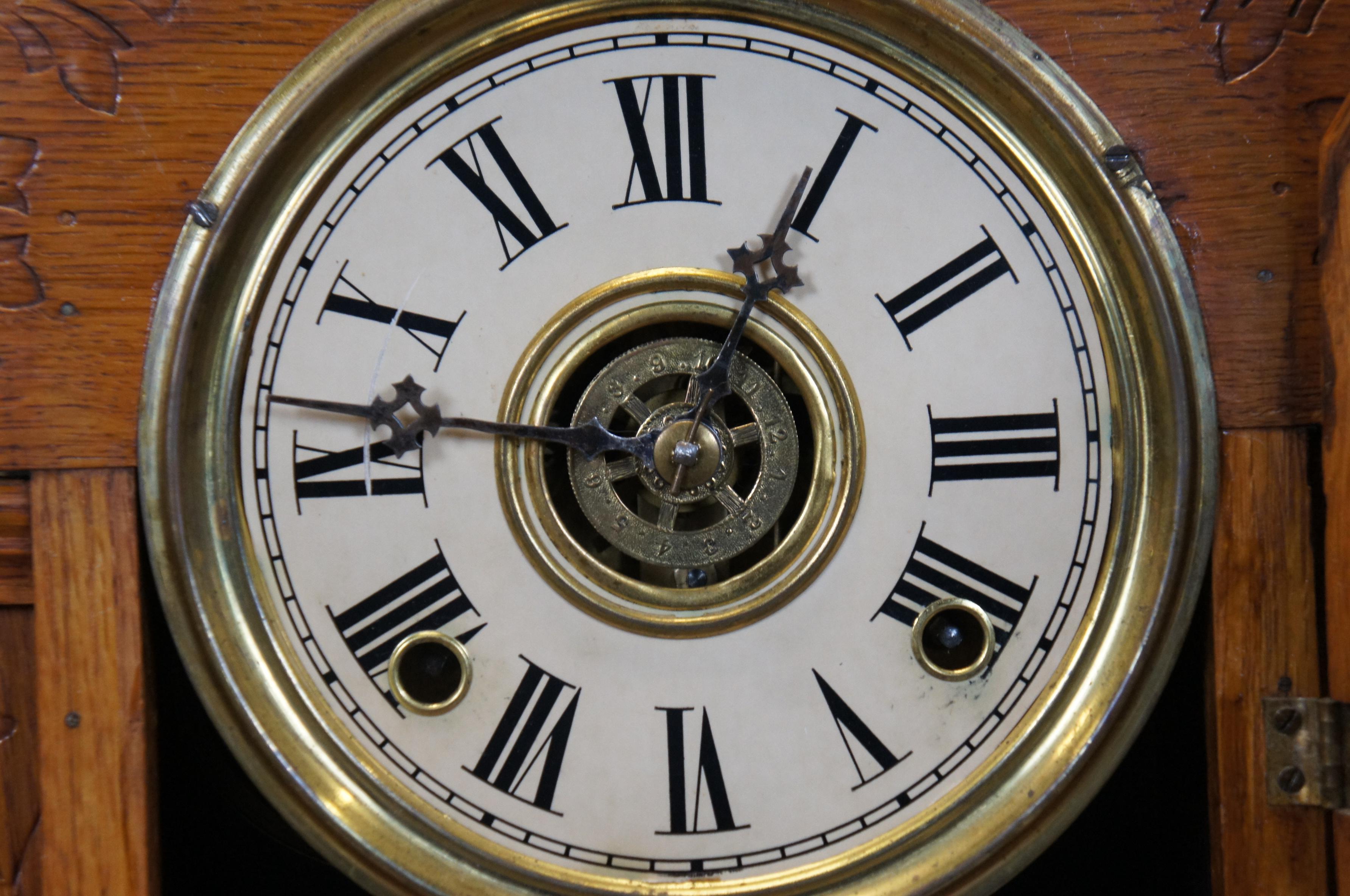 Antique Victorian William Gilbert Oak Gingerbread Uranium Parlor Mantel Clock 24 5