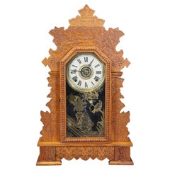 Antique Victorian William Gilbert Oak Gingerbread Uranium Parlor Mantel Clock 24