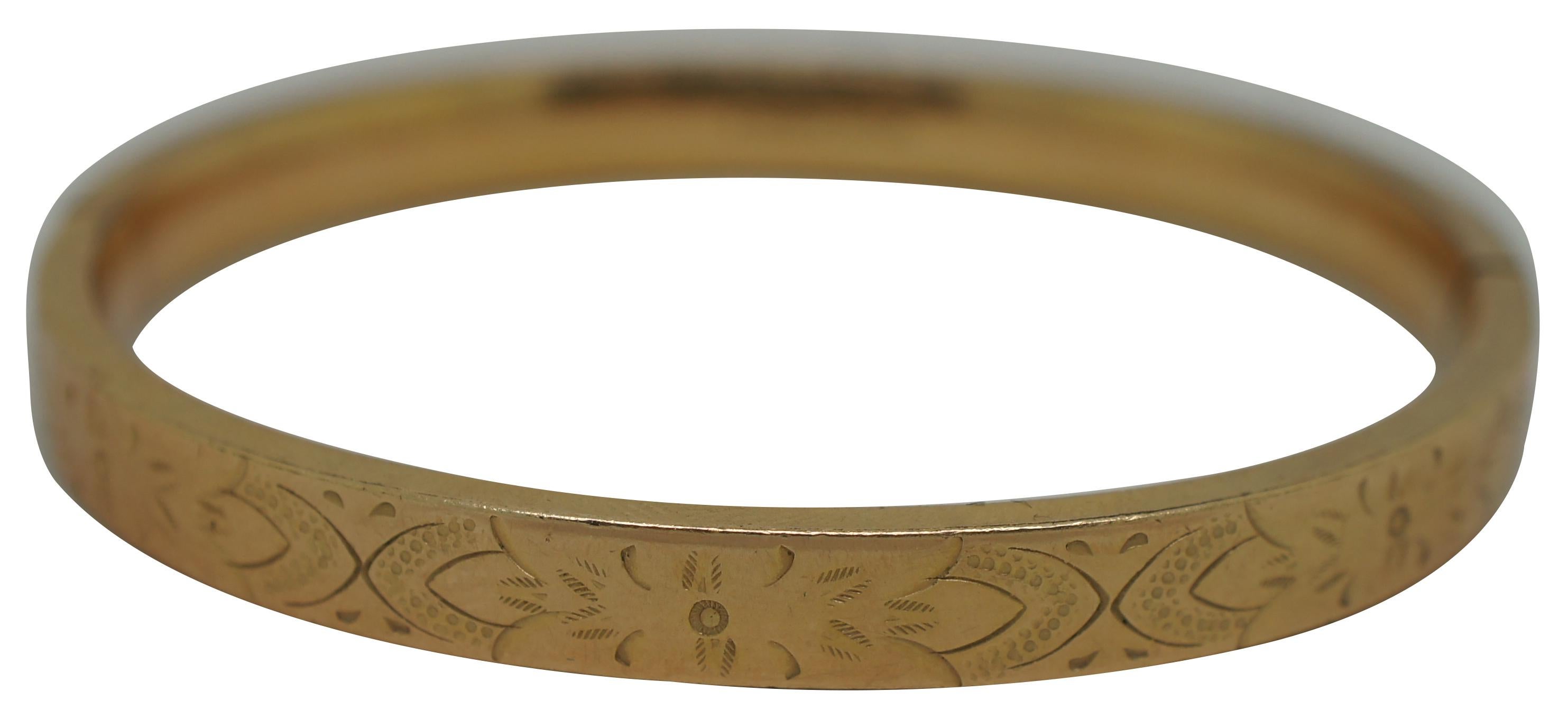 Antique Victorian Winard 12K gold filled bangle bracelet with a simple art deco etched floral design.  Marked 8 (size?) - Winward 12KT G,F.