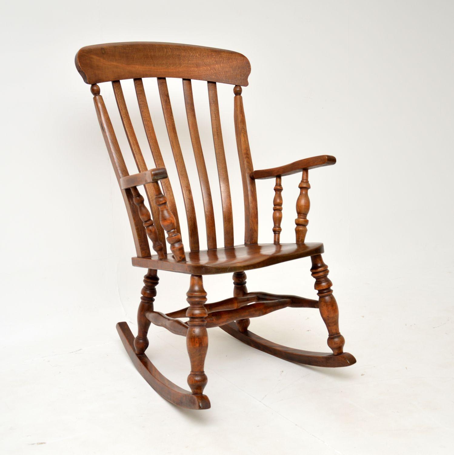 A beautifully made and very comfortable antique Victorian rocking chair. this was made in England, it dates from the 1860-1880’s.

This armchair is of great quality, with a generous seating area and smooth rocking motion. It has an elm, beech &