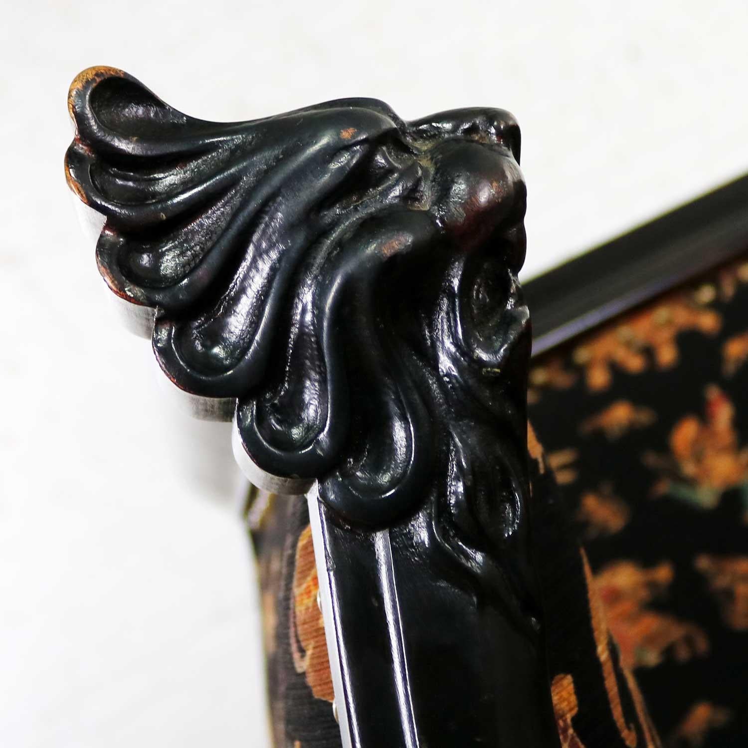 Antique Victorian Wishbone Barrel Chair Carved Lion’s Heads Claw Feet Ebonized 7