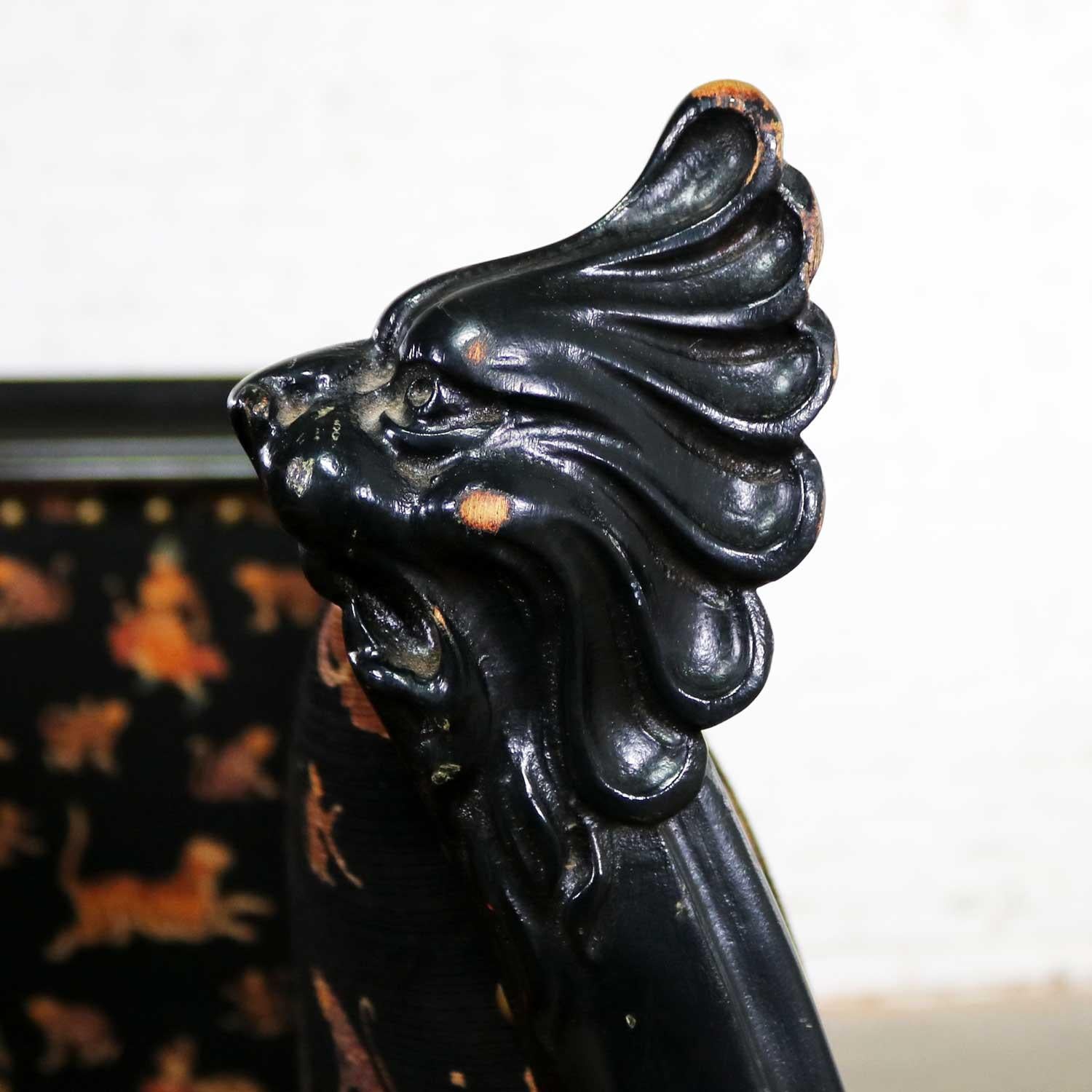 Antique Victorian Wishbone Barrel Chair Carved Lion’s Heads Claw Feet Ebonized 10