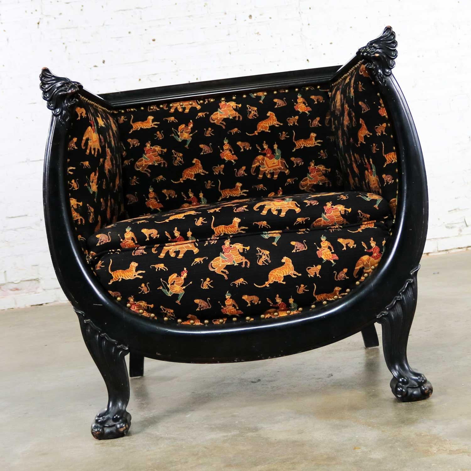 Antique Victorian Wishbone Barrel Chair Carved Lion’s Heads Claw Feet Ebonized In Good Condition In Topeka, KS