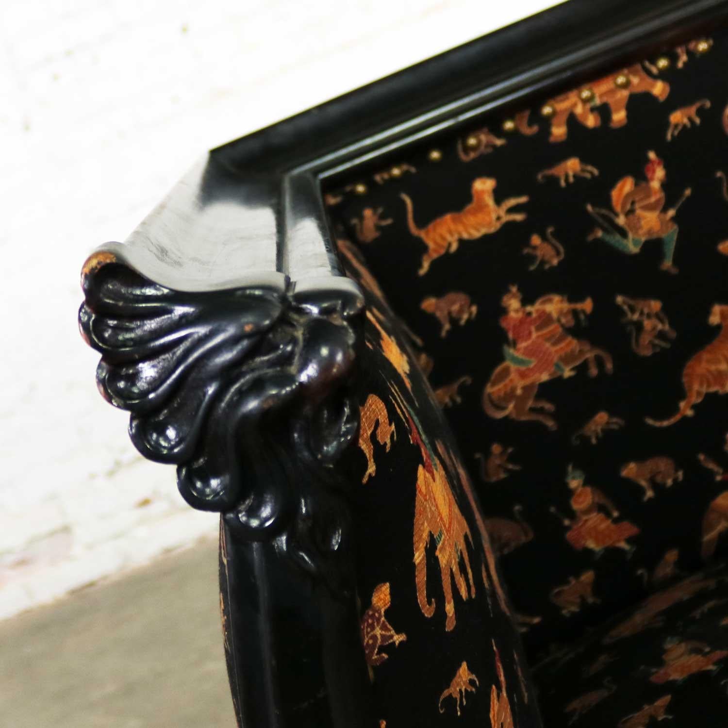 Fabric Antique Victorian Wishbone Barrel Chair Carved Lion’s Heads Claw Feet Ebonized