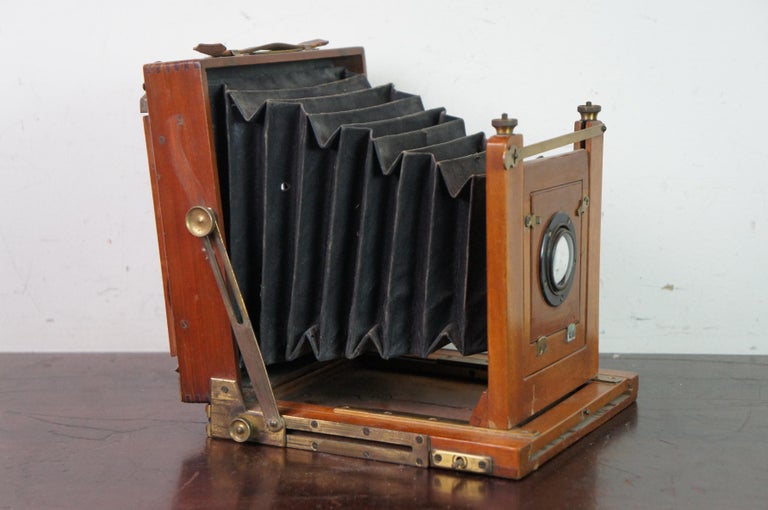 19th Century Antique Victorian Wood Brass Folding Bellows Optical Field Camera & Film Plates For Sale
