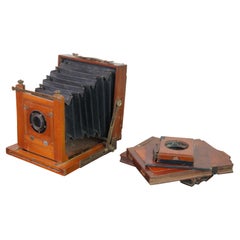 Antique Victorian Wood Brass Folding Bellows Optical Field Camera & Film Plates