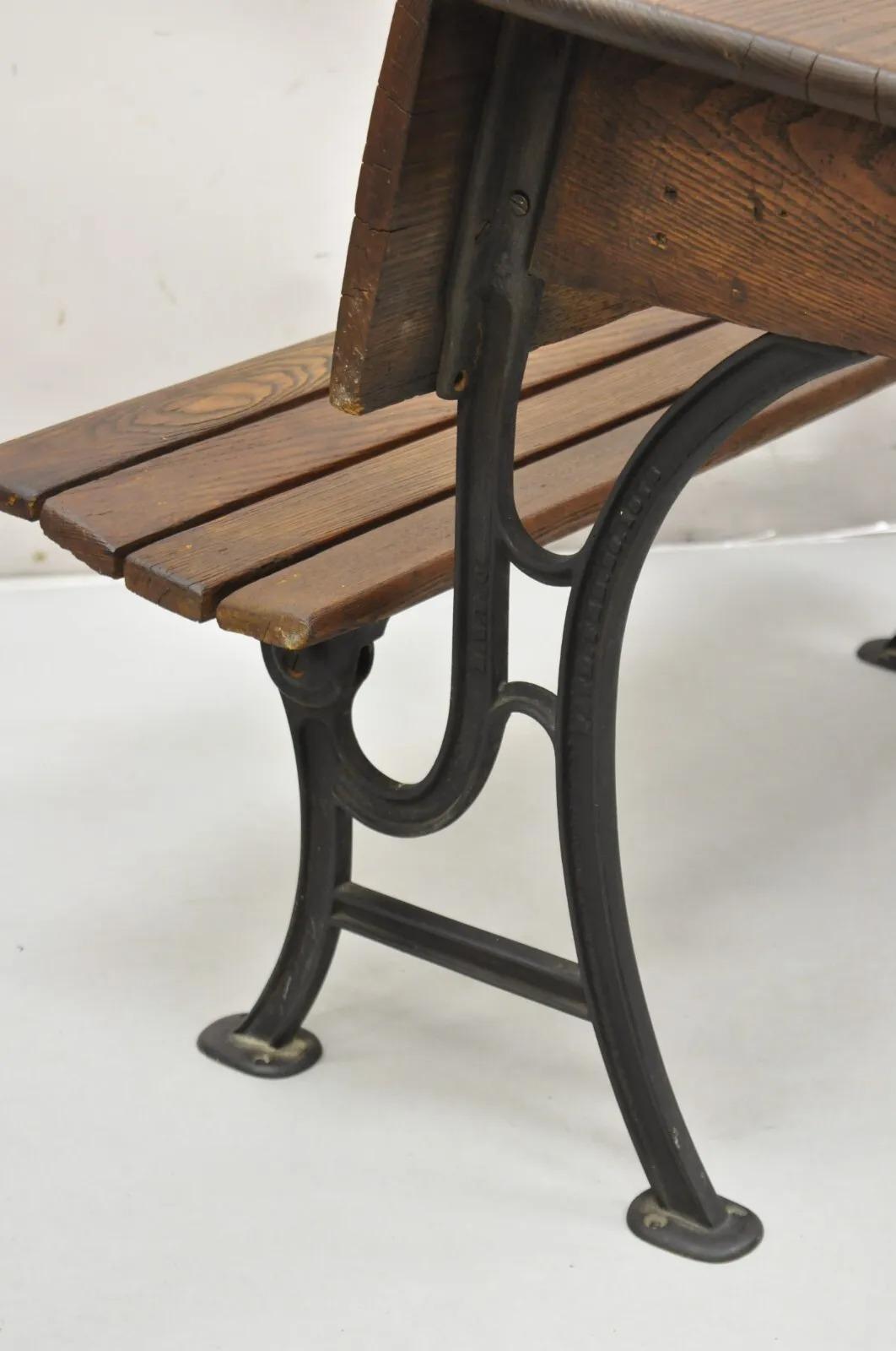 Antique Victorian Wood & Cast Iron Children's School Desk w/ Folding Bench Seat For Sale 4