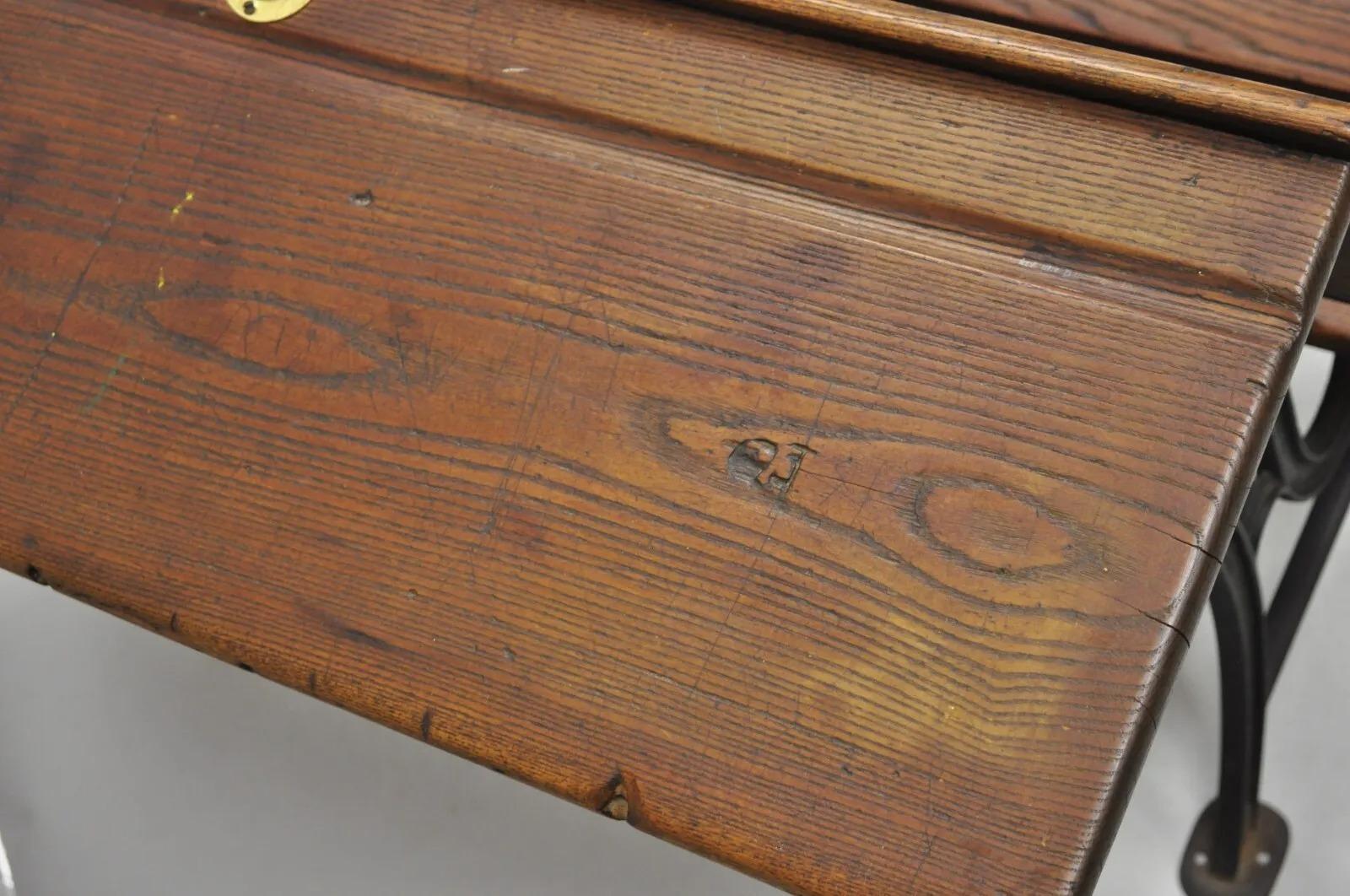 Antique Victorian Wood & Cast Iron Children's School Desk w/ Folding Bench Seat For Sale 7