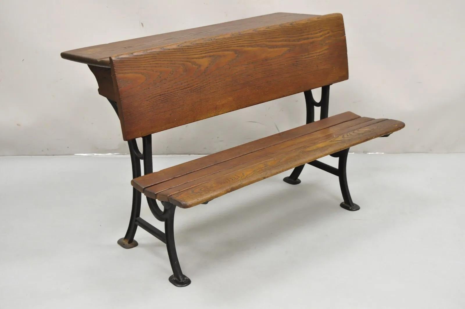 Antique Victorian Wood & Cast Iron Children's School Desk w/ Folding Bench Seat For Sale 9