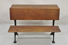 Antique Victorian Wood & Cast Iron Children's School Desk w/ Folding Bench Seat