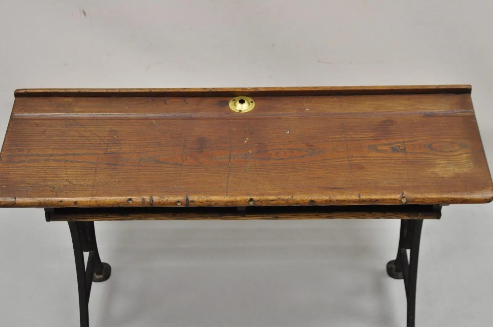 Antique Victorian Wood & Cast Iron Children's School Desk w/ Folding Bench Seat In Good Condition For Sale In Philadelphia, PA
