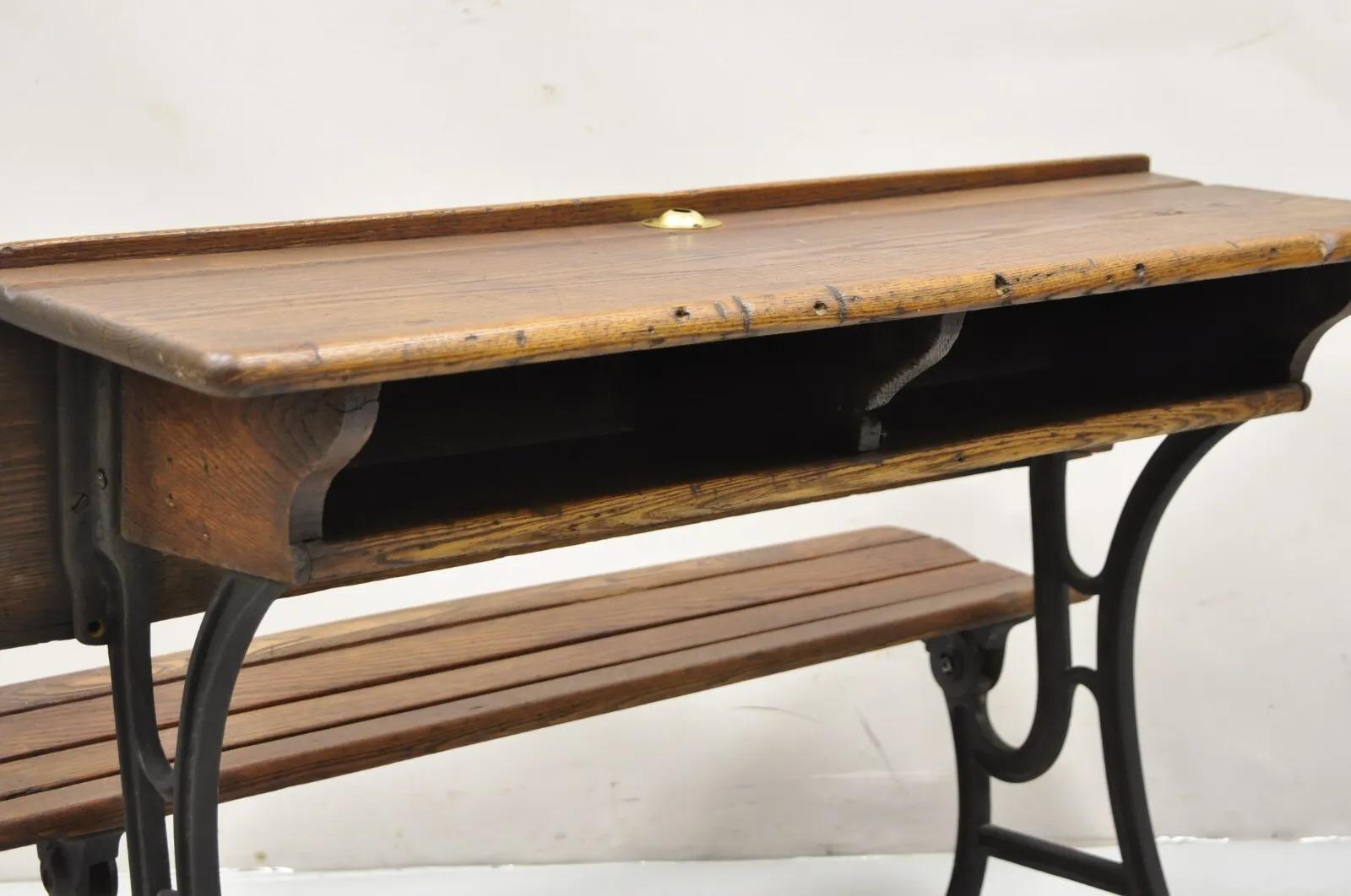 Antique Victorian Wood & Cast Iron Children's School Desk w/ Folding Bench Seat For Sale 1