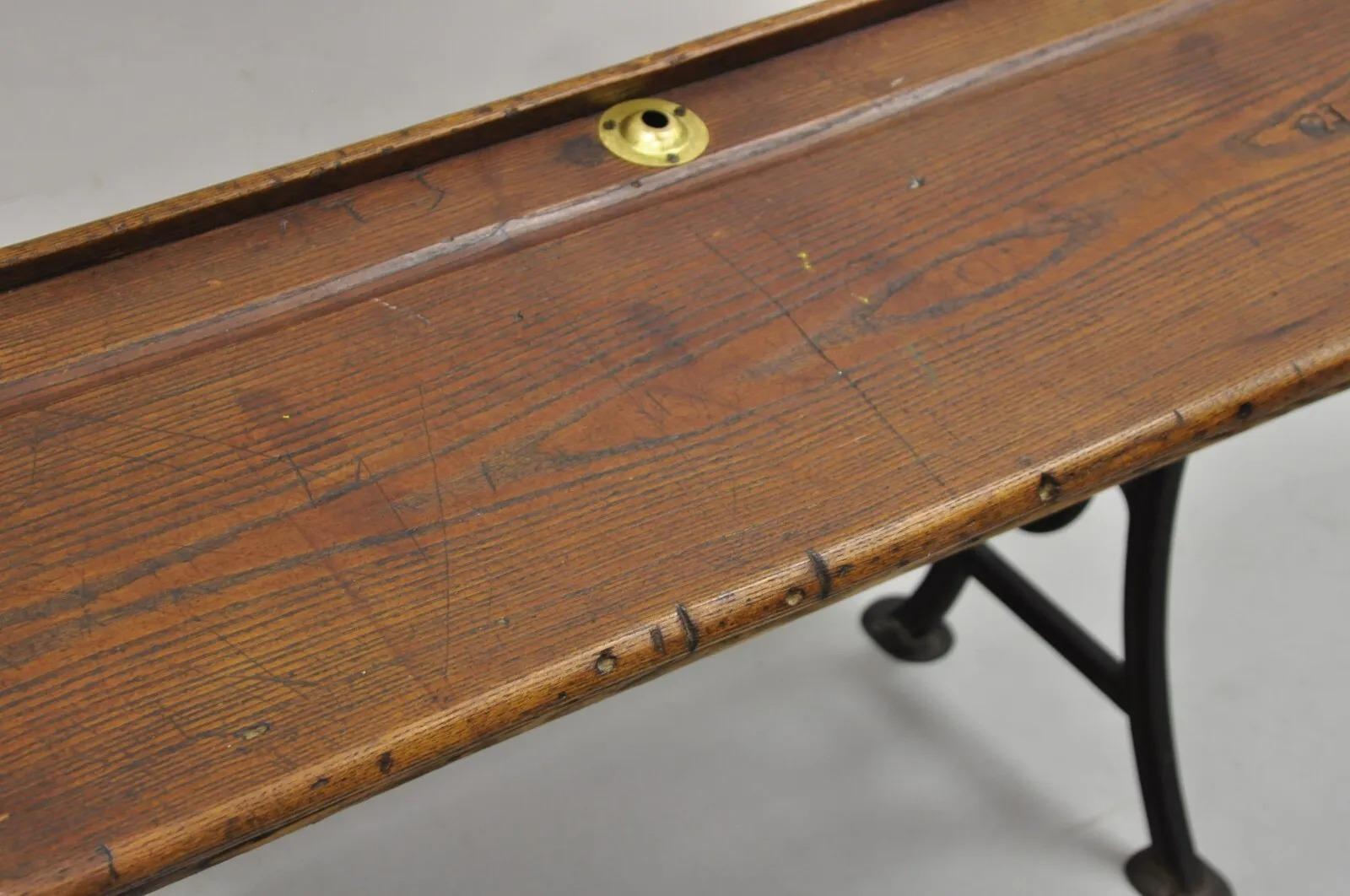 Antique Victorian Wood & Cast Iron Children's School Desk w/ Folding Bench Seat For Sale 2