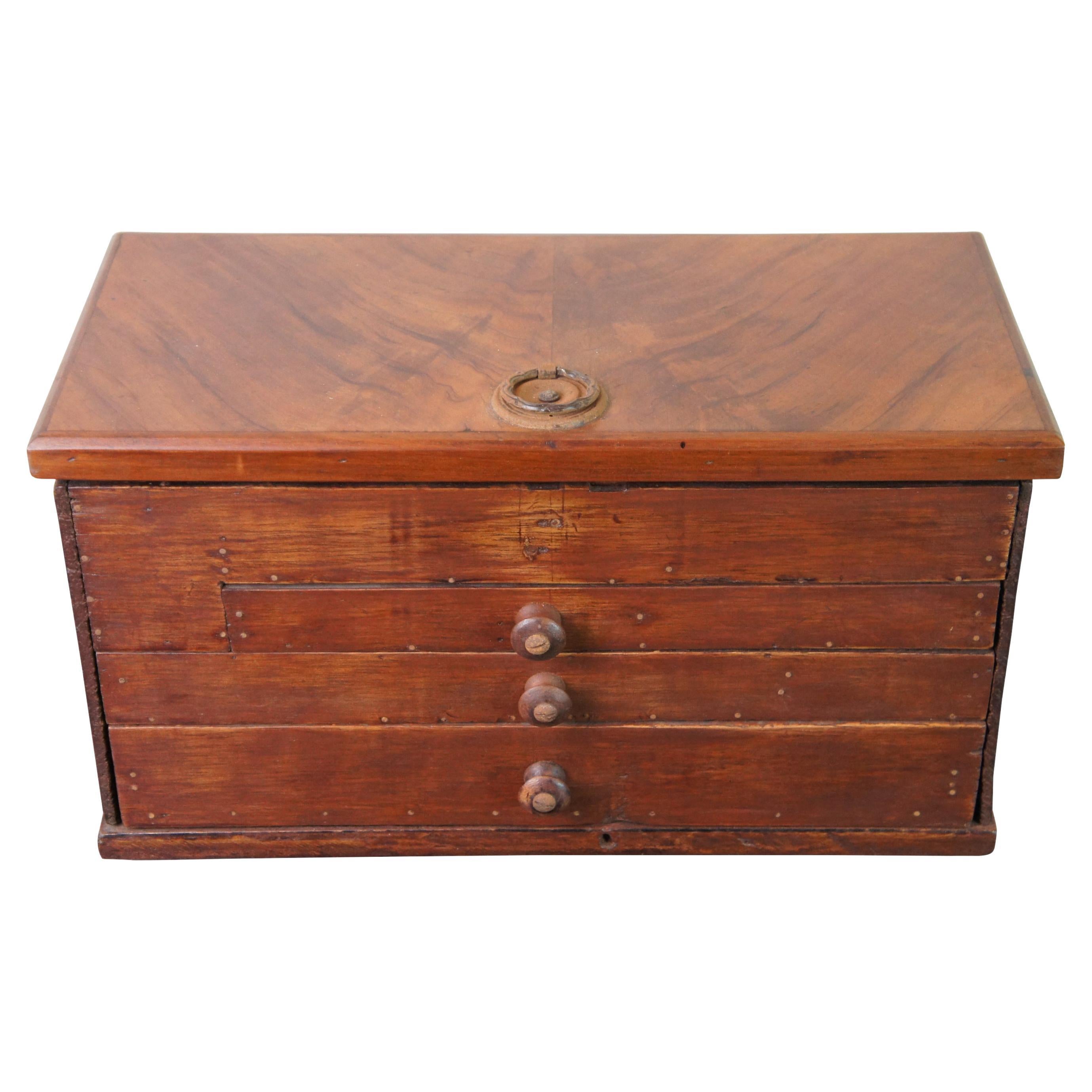 Antique Victorian apothecary machinist drafting or calligraphy tool box and accessories. Made from pine with a vibrant mahogany top. Features multiple drawer and compartments with lion head handles. Many drafting tools, old ink bottles and etc