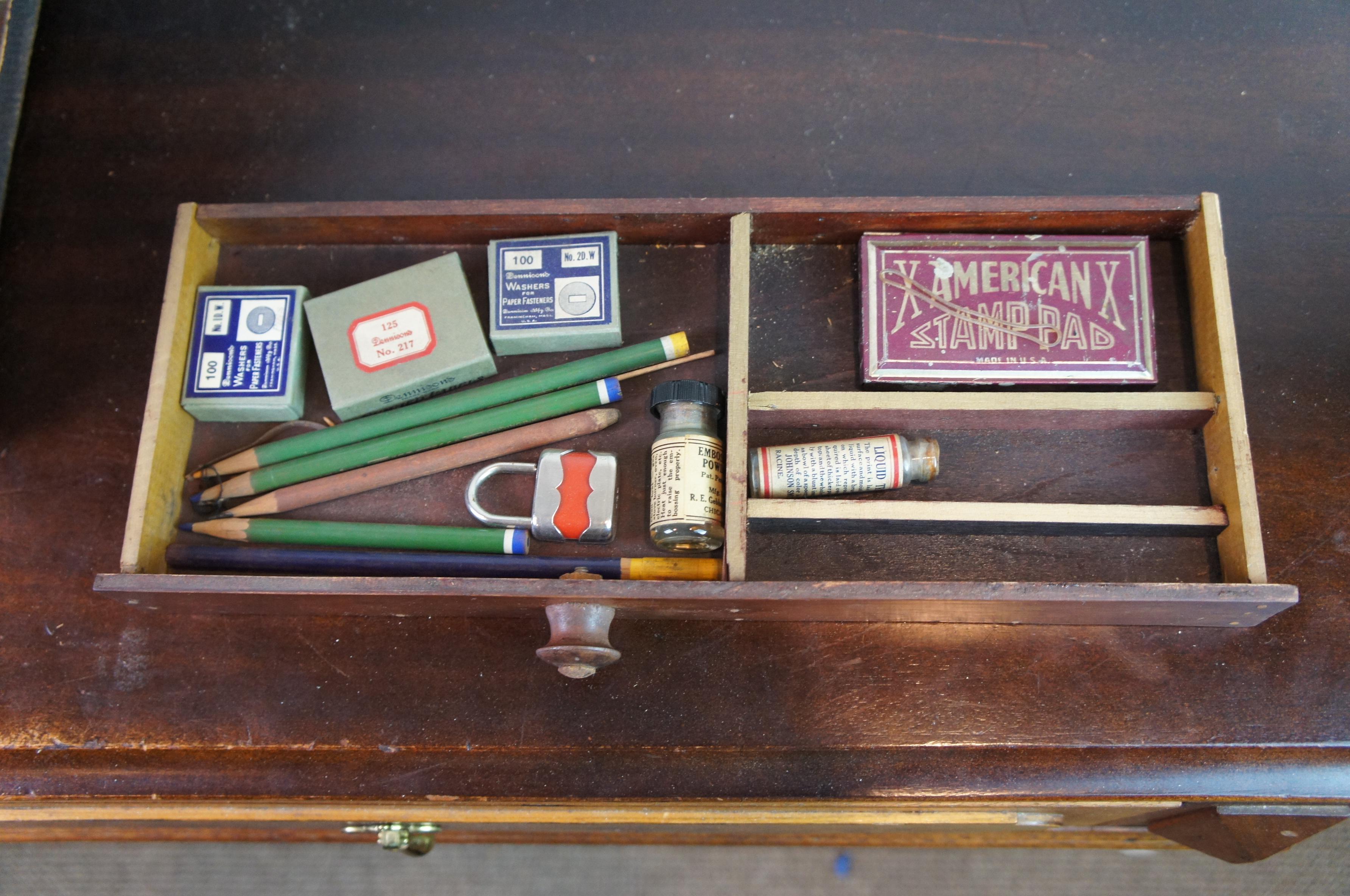 Antique Victorian Wood Machinist Apothecary Drafting Tool Box & Accessories In Good Condition In Dayton, OH