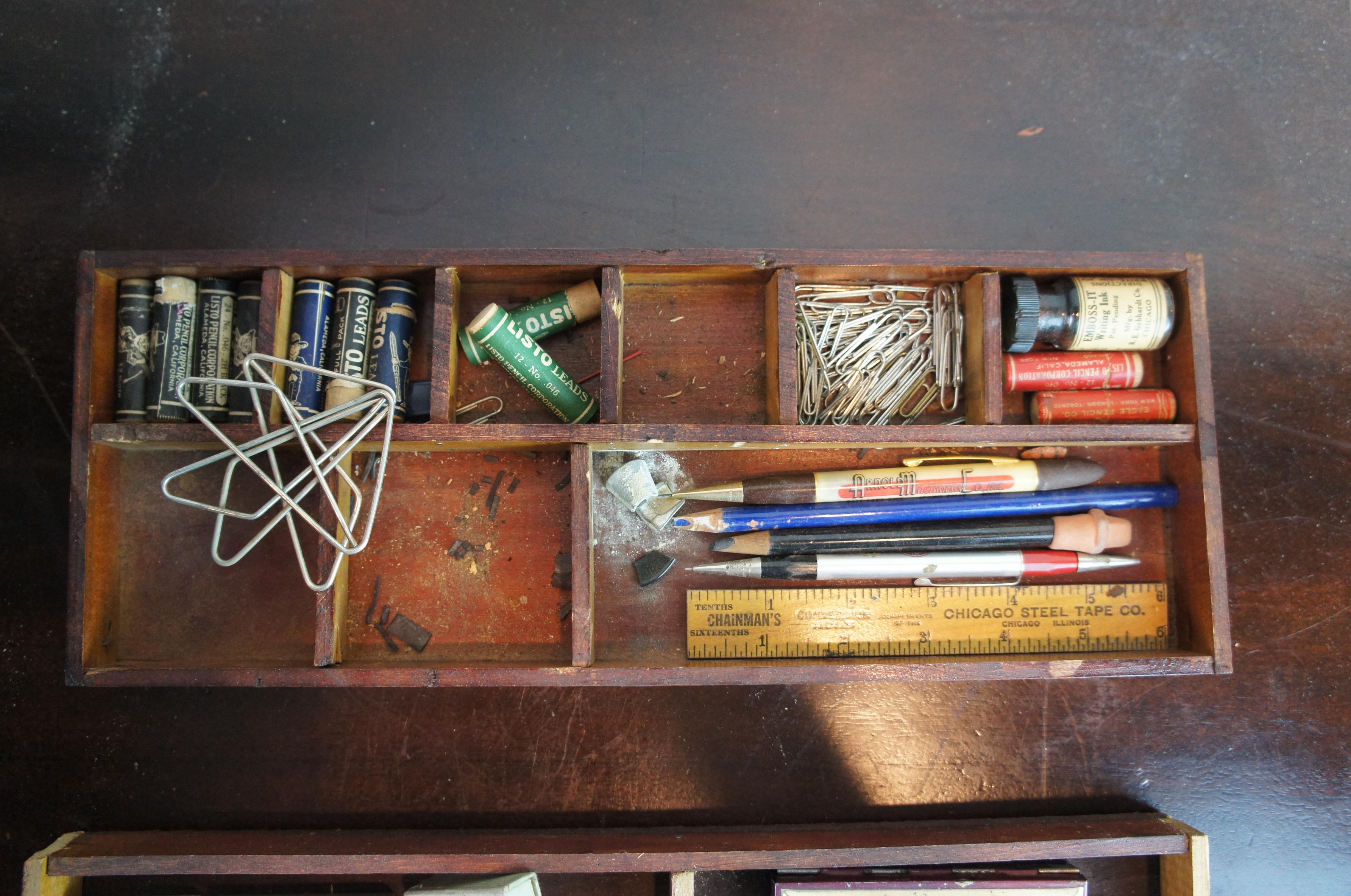 19th Century Antique Victorian Wood Machinist Apothecary Drafting Tool Box & Accessories