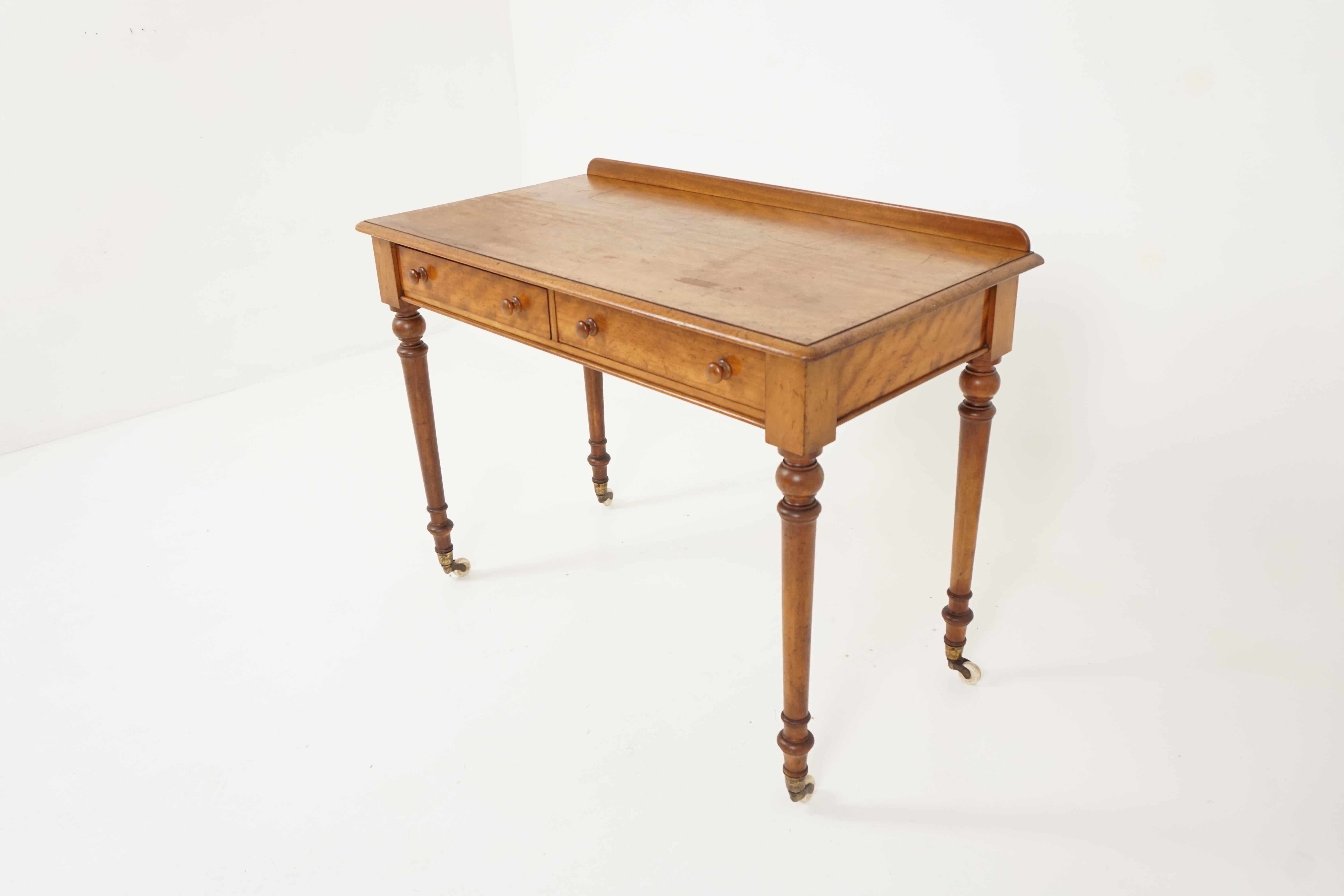 Antique Victorian writing table, writing desk, Scotland 1880, B2563

Scotland 1880
Solid birch
Original finish
Rectangular moulded top with small gallery on the back
Pair of dovetailed drawers underneath
Original wooden knobs
All standing on