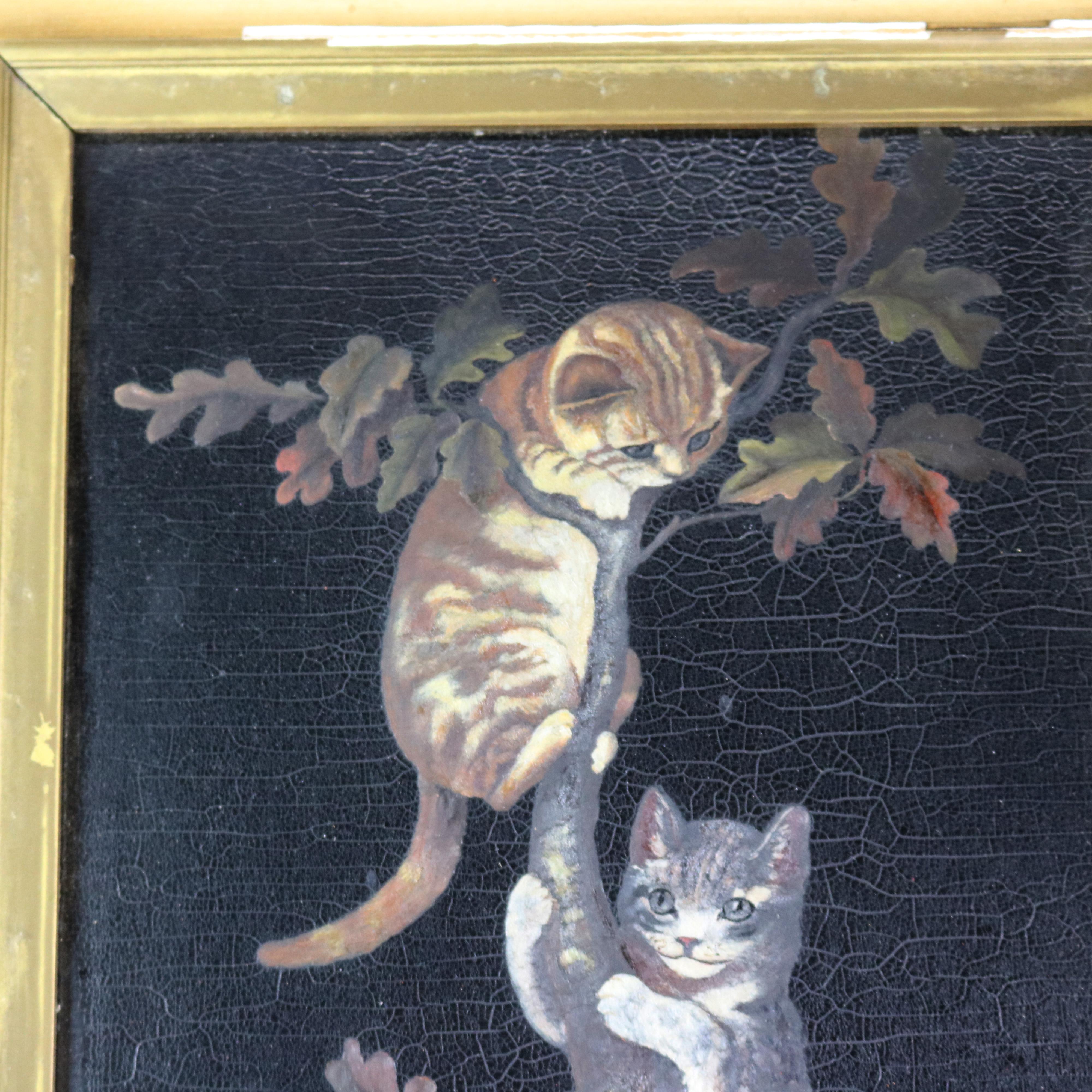 An antique Victorian yard long oil painting on wood panel depicts playful young cats climbing a tree, seated in giltwood frame, of kittens on wood panel, Circa 1890.

Measures: 29