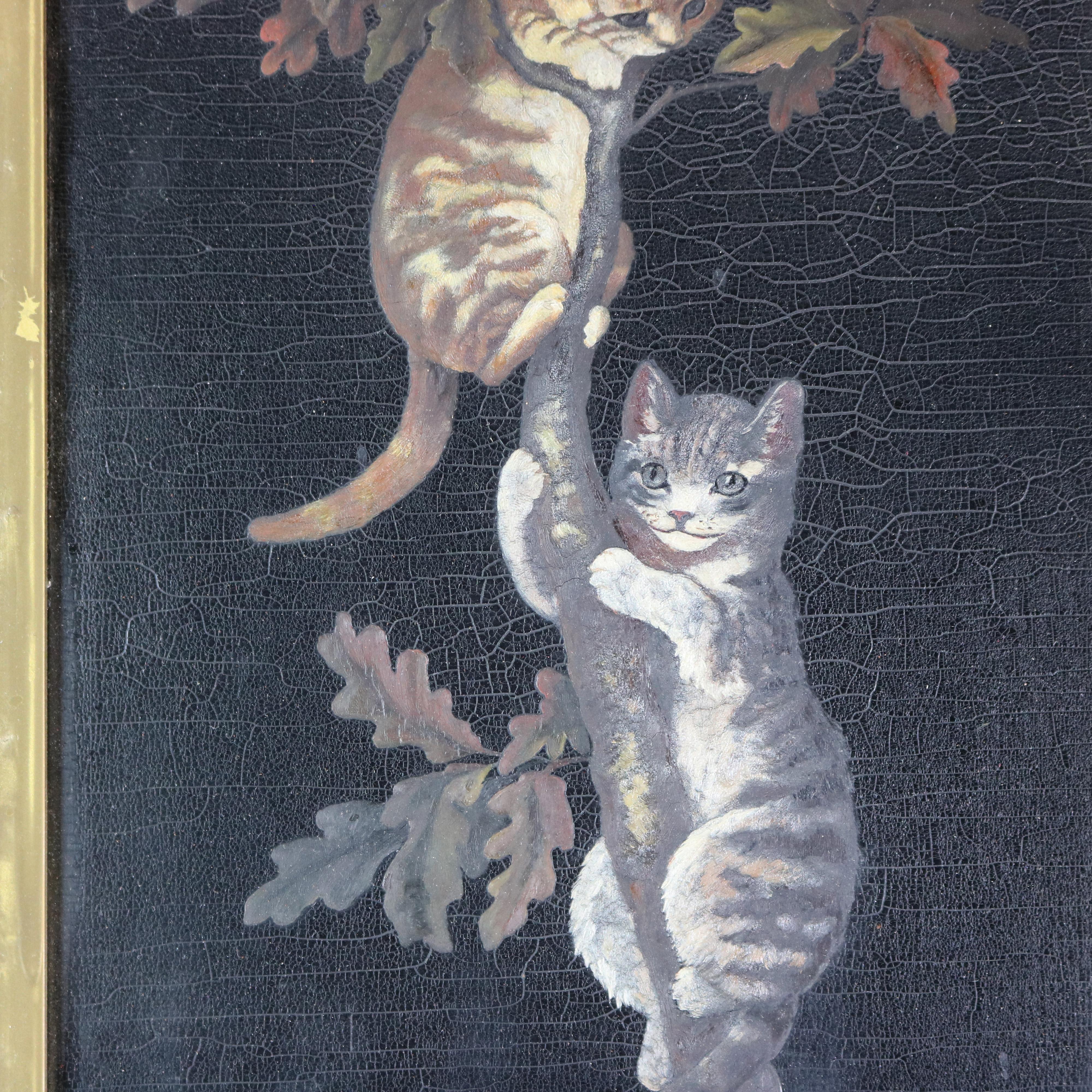 North American Antique Victorian Yard Long Oil Painting of Kittens on Wood Panel, Circa 1890